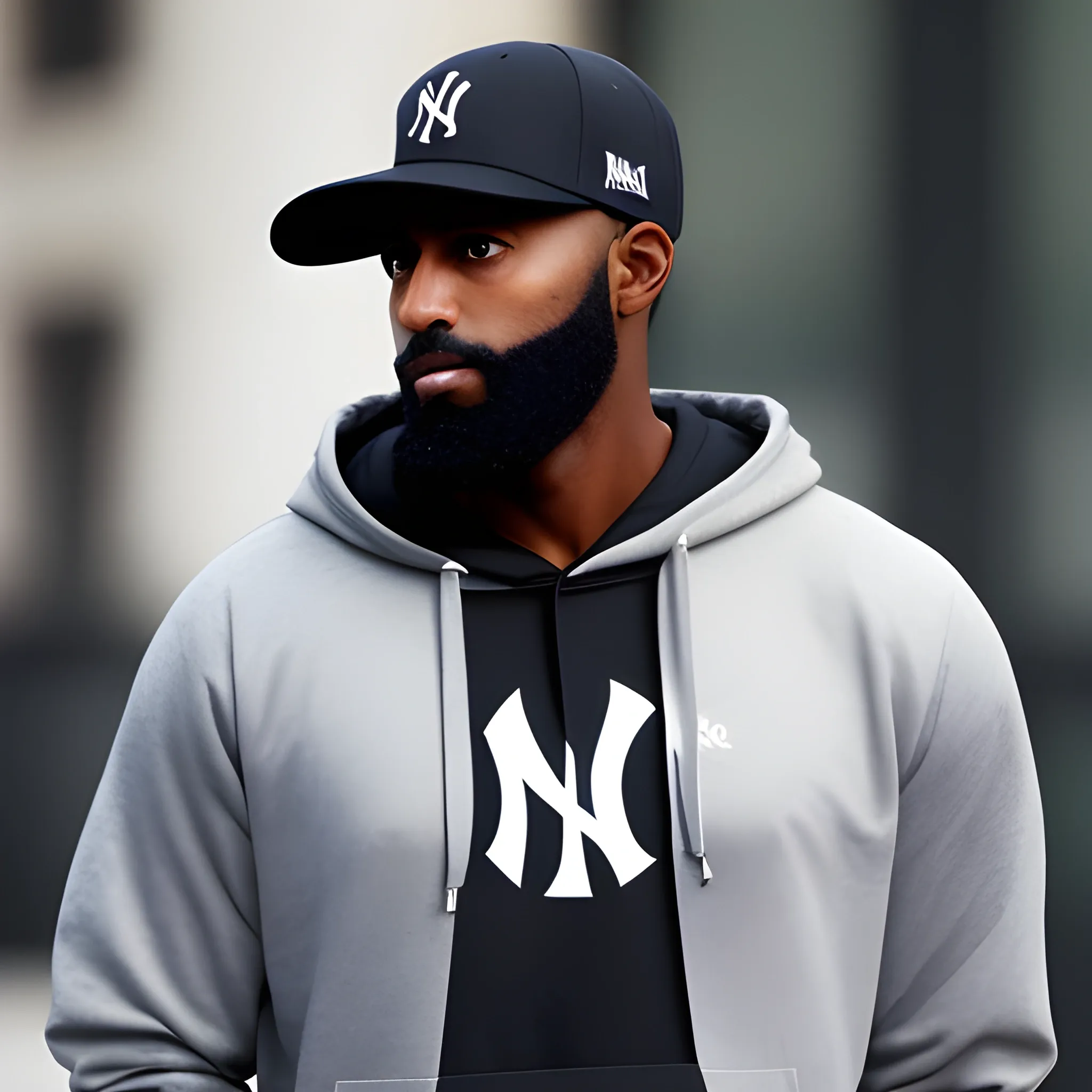 brown-skinned man, wearing a new york yankees cap, with a short beard, wearing a black hoodie