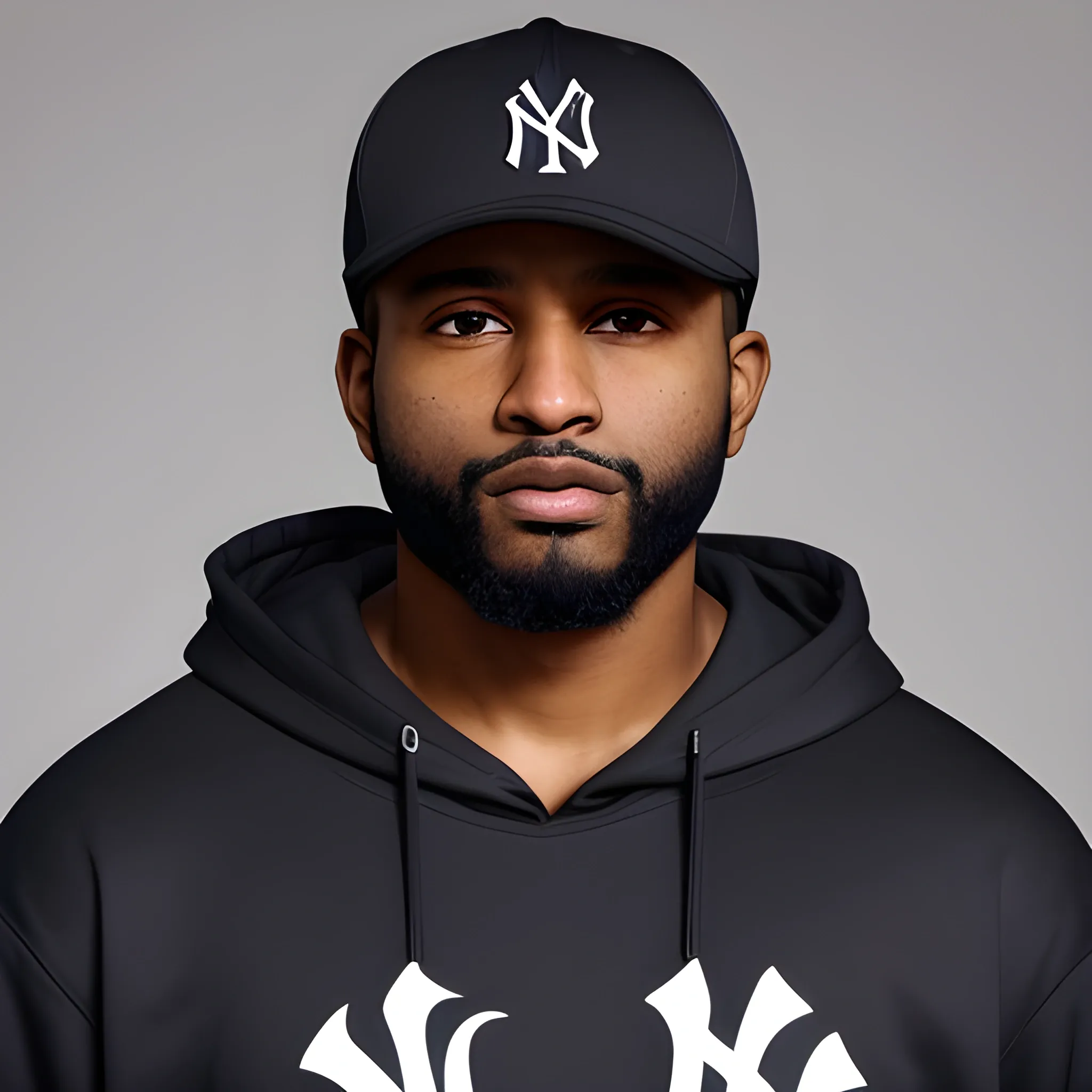 brown-skinned man, wearing a new york yankees cap, with a short beard, wearing a black hoodie, playing basketball