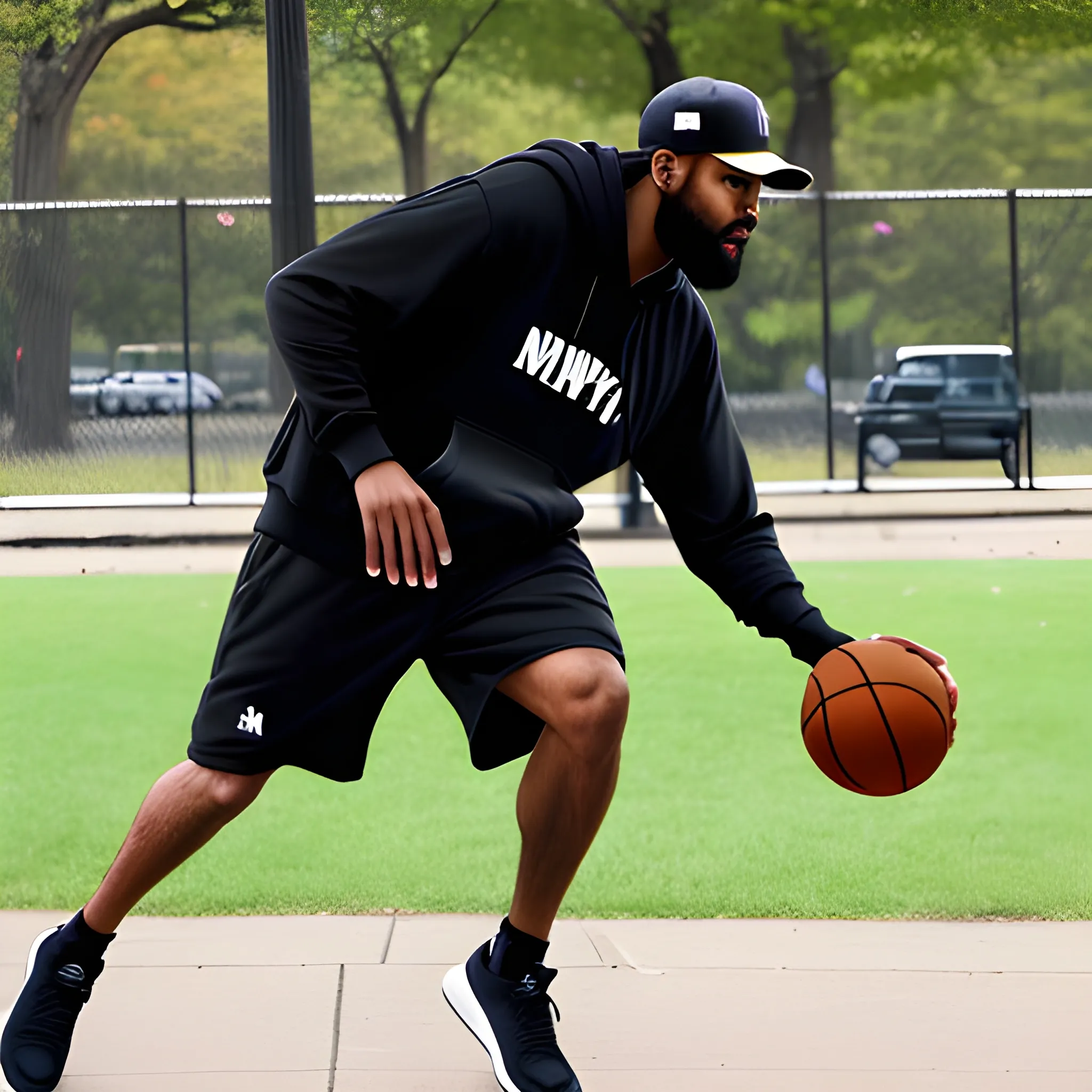 brown-skinned man, wearing a new york yankees cap, with a short beard, wearing a black hoodie, playing basketball in the park