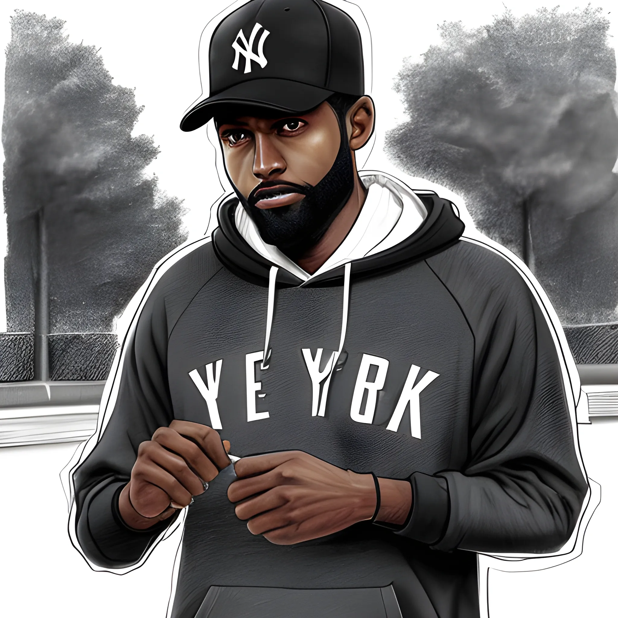 brown-skinned man, wearing a new york yankees cap, with a short beard, wearing a black hoodie, playing basketball in the park, Pencil Sketch