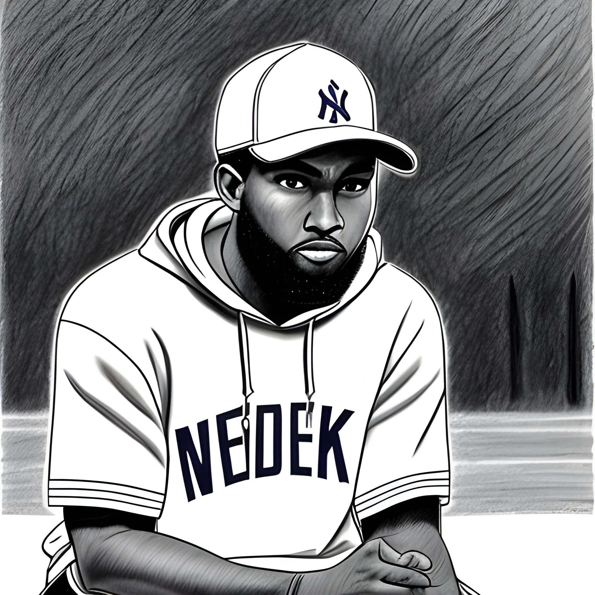 brown-skinned man, wearing a new york yankees cap, with a short beard, wearing a black hoodie, playing basketball in the park, Pencil Sketch, Cartoon