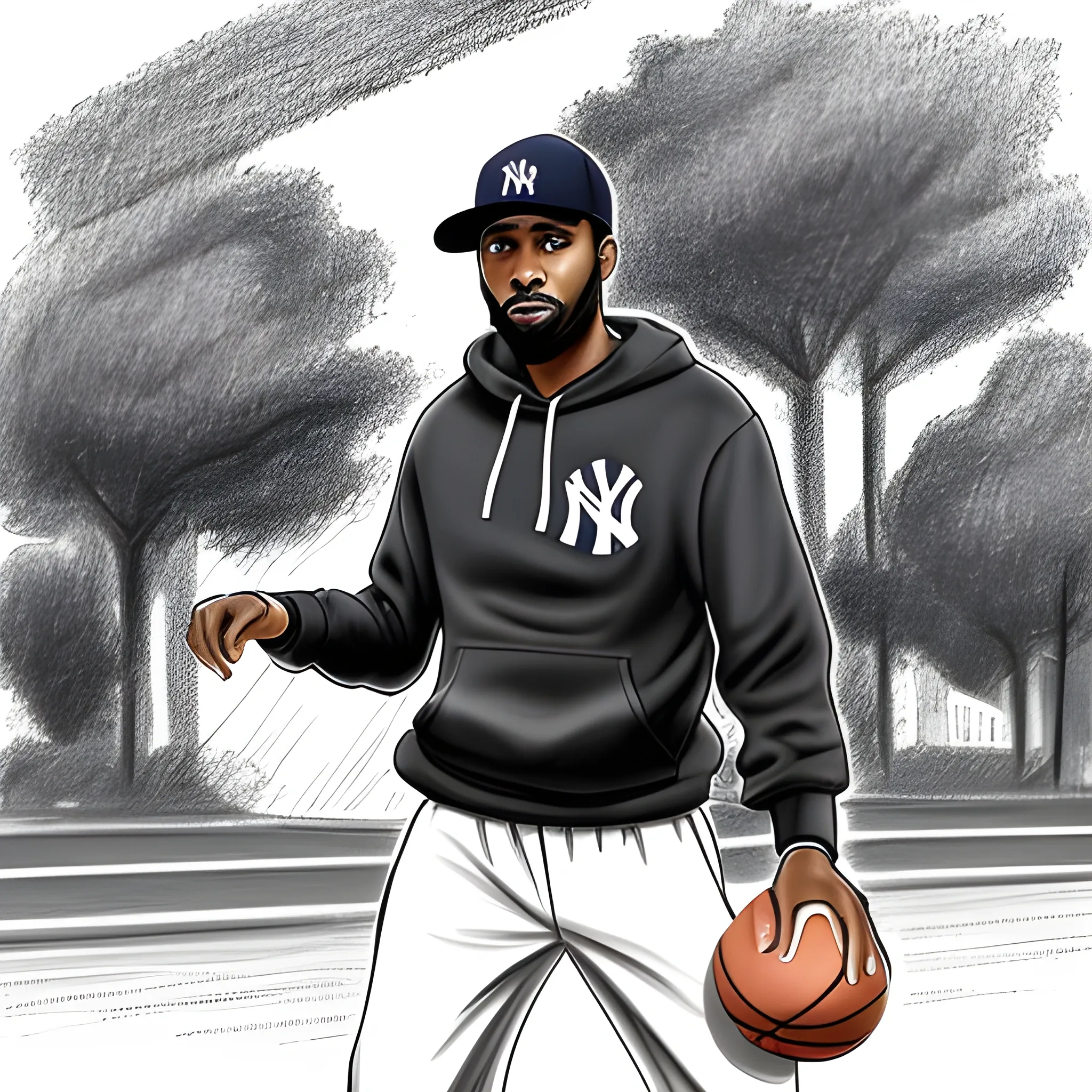 brown-skinned man, wearing a new york yankees cap, with a short beard, wearing a black hoodie, playing basketball in the park, Pencil Sketch, Cartoon, Trippy