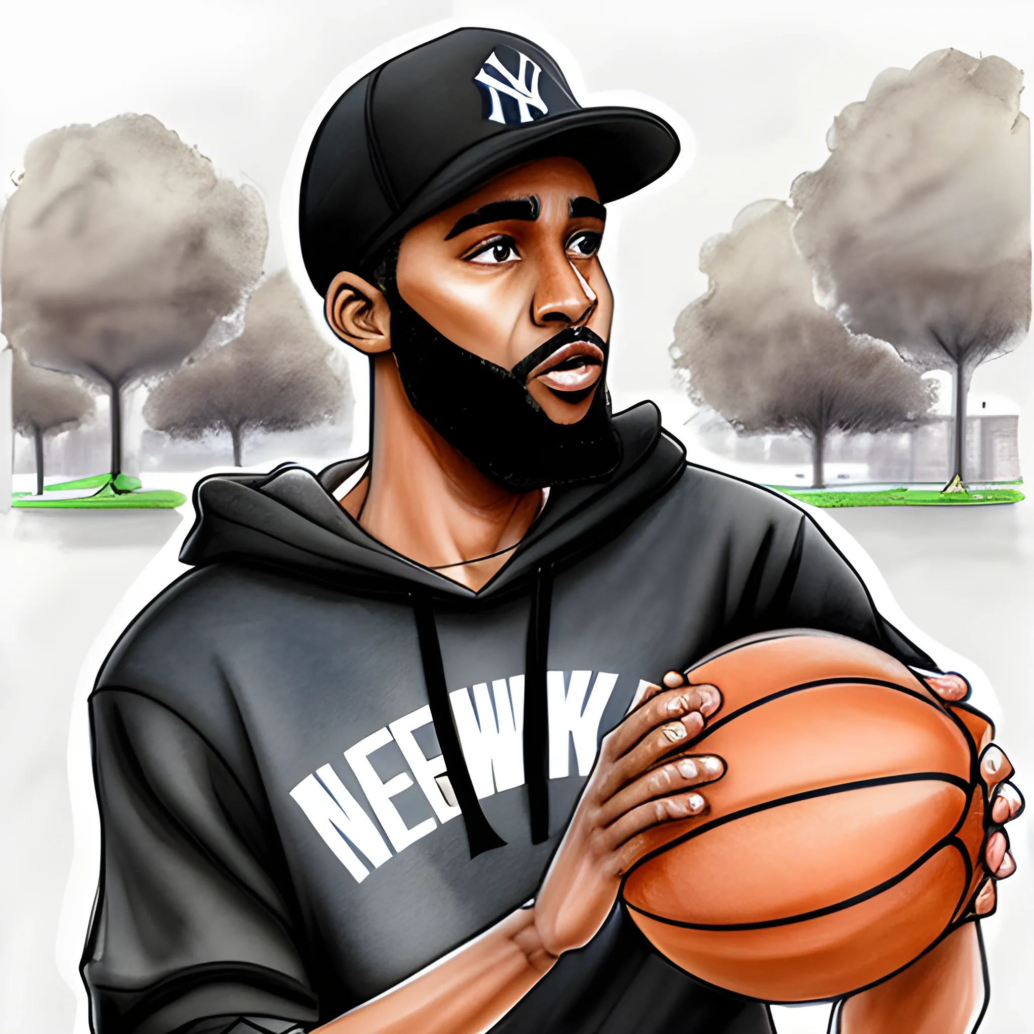 brown-skinned man, wearing a new york yankees cap, with a short beard, wearing a black hoodie, playing basketball in the park, Pencil Sketch, Cartoon, Trippy, Water Color