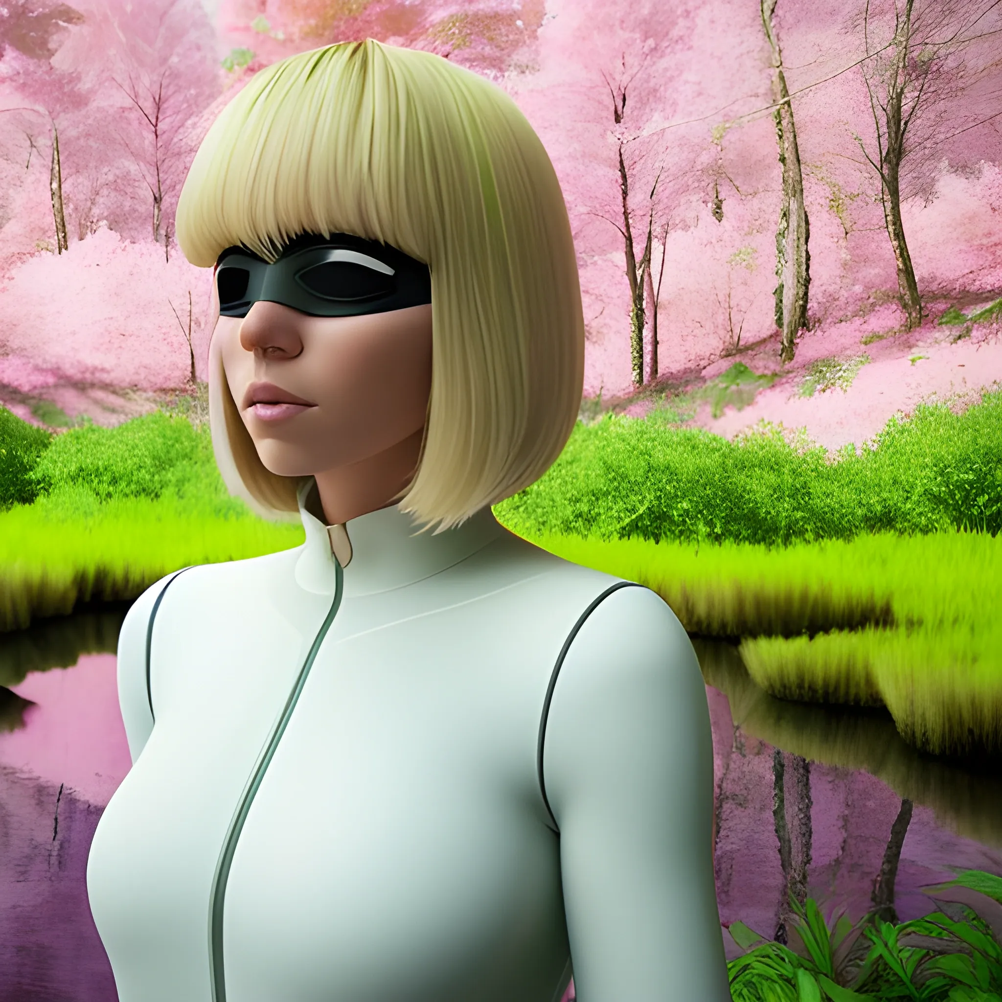 white woman wearing a white bodysuit with blonde hair and bangs covering her eyes posing in front of a pink lake in a green forest futuristic, 3D