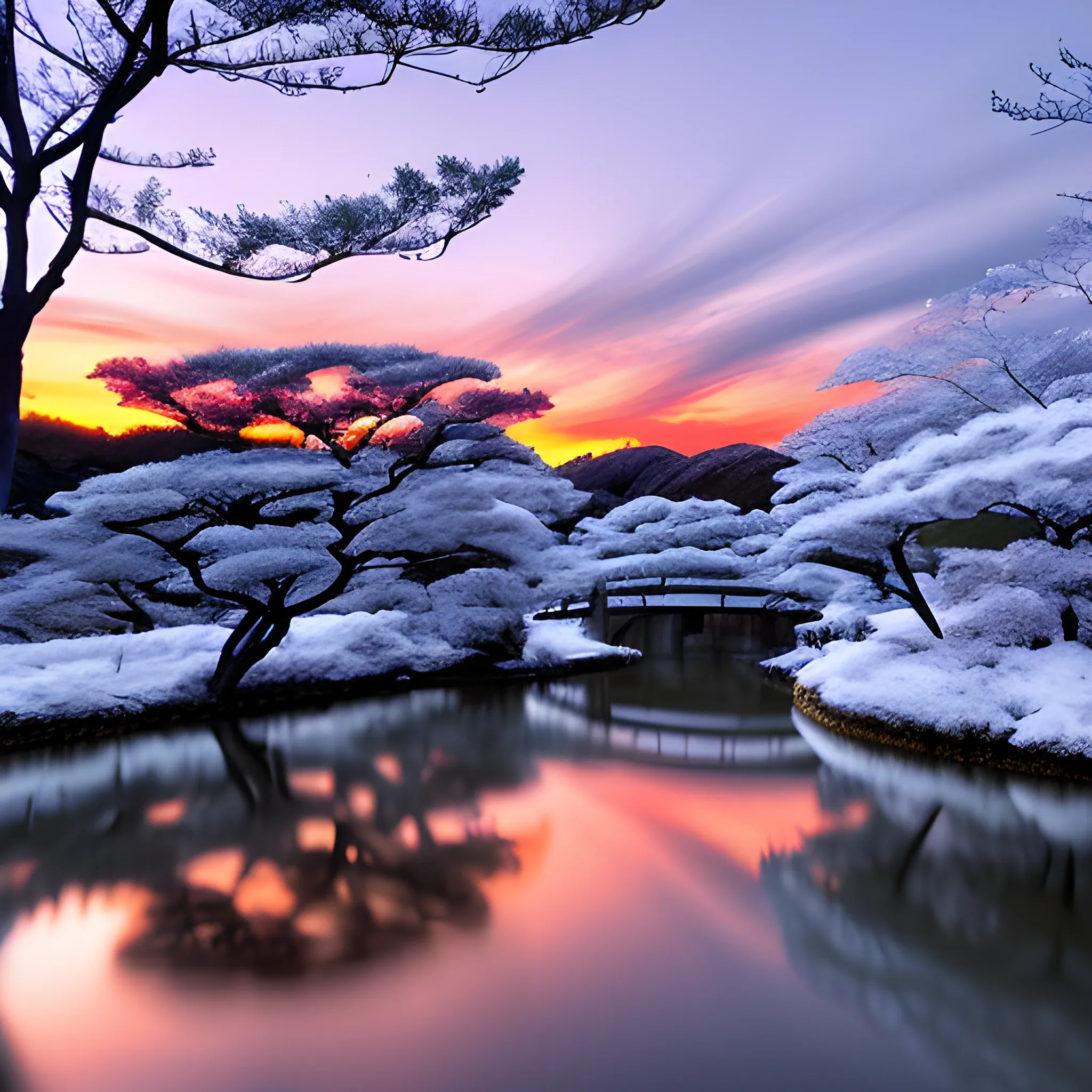 Paisaje japonés en un atardecer de invierno , 3D