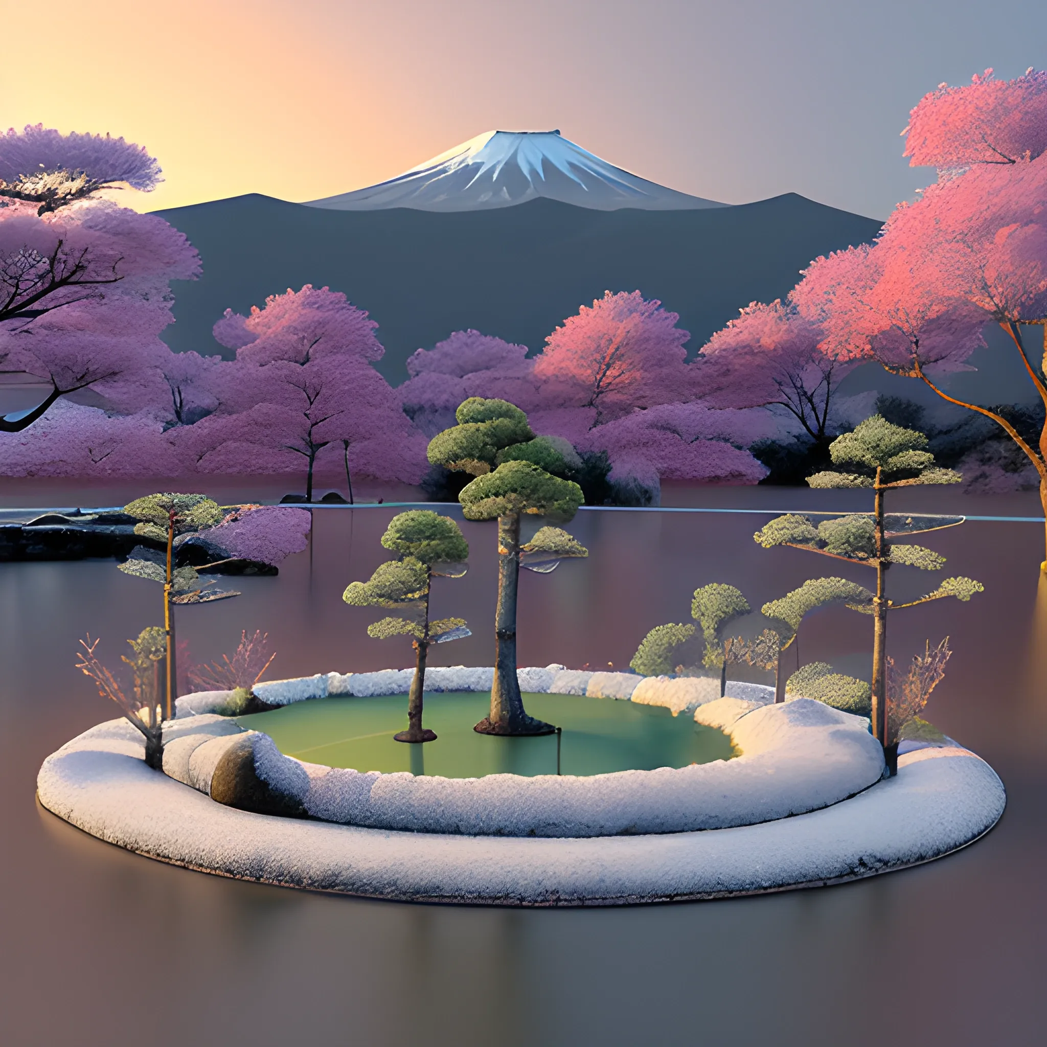 Paisaje japonés en un atardecer de invierno , 3D