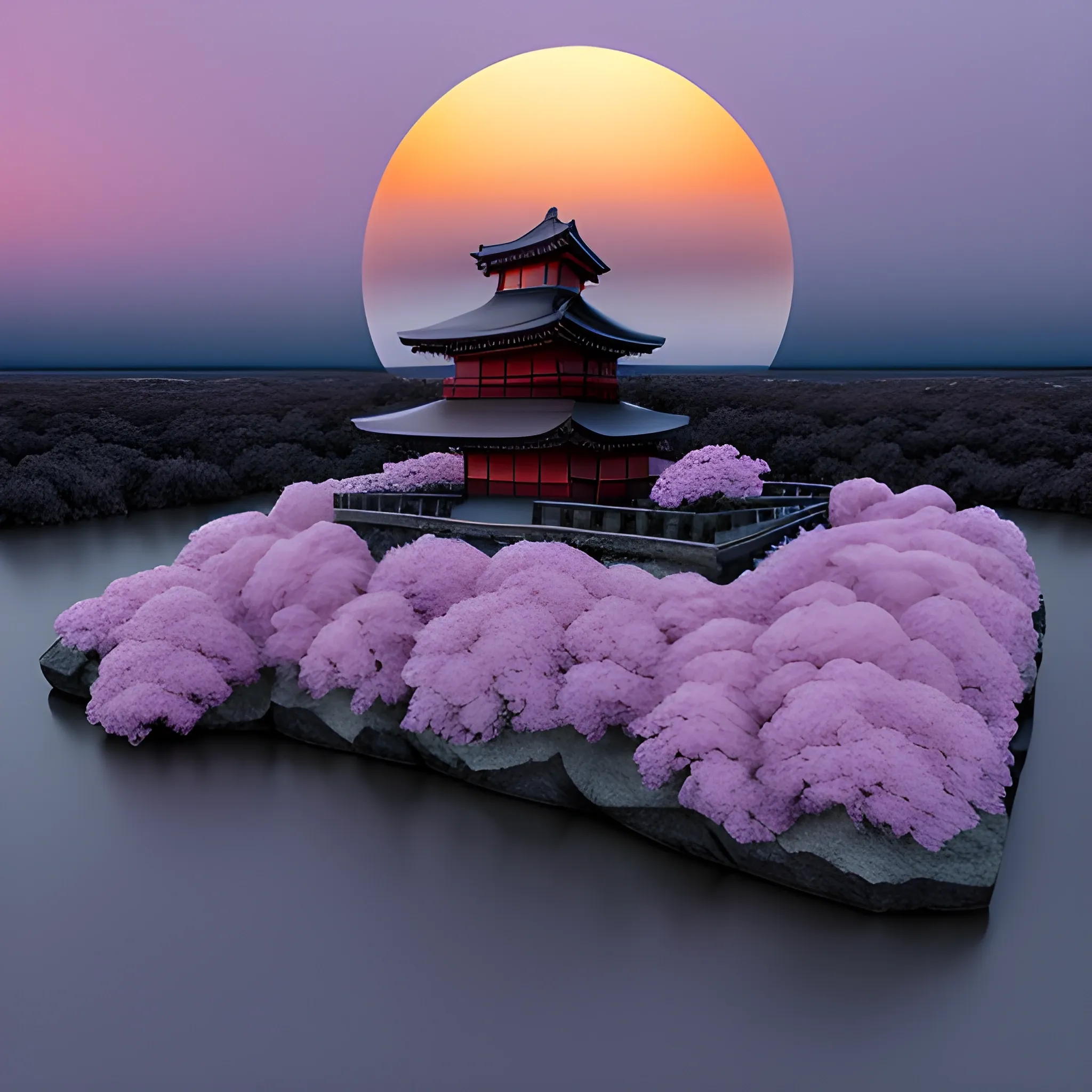 Paisaje con un templo japonés en un atardecer de invierno , 3D