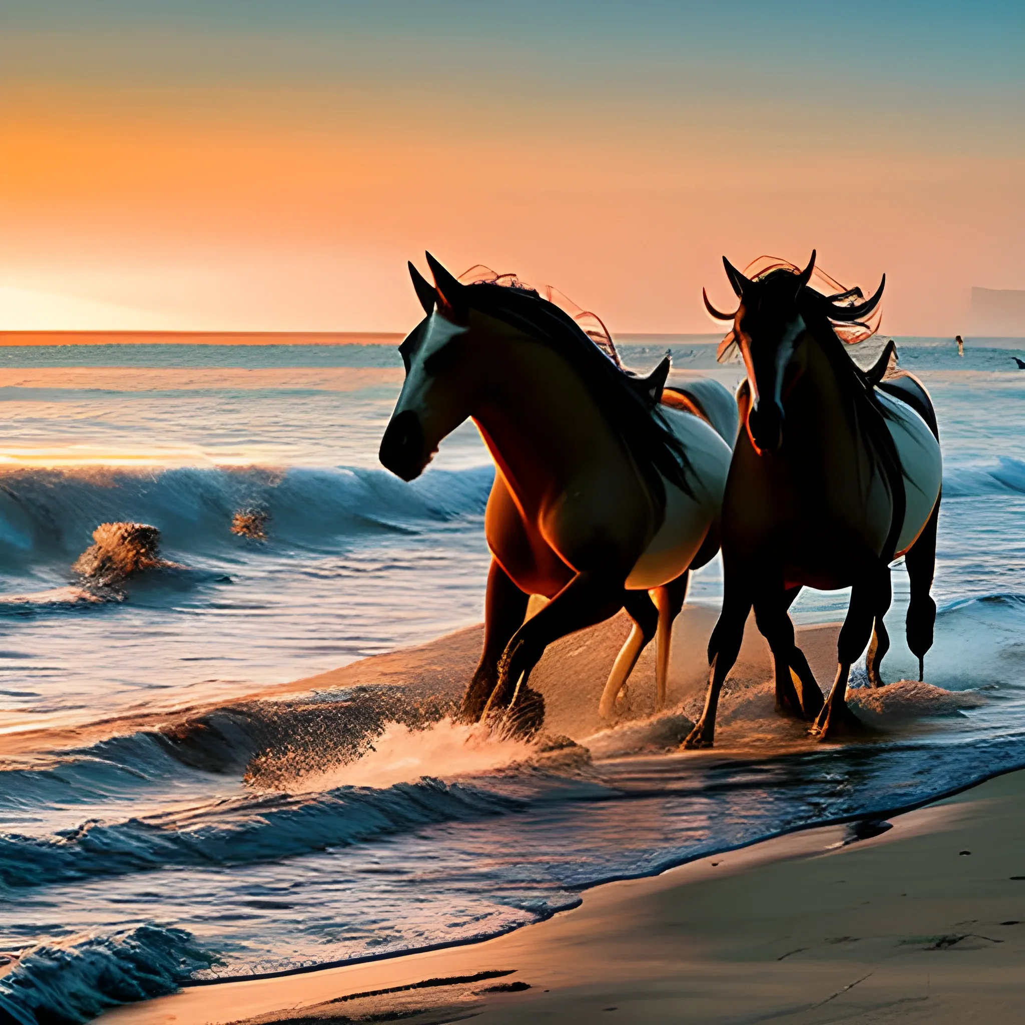 Atardecer en una playa con caballos corriendo en la orilla y un par de ballenas saltando al fondo