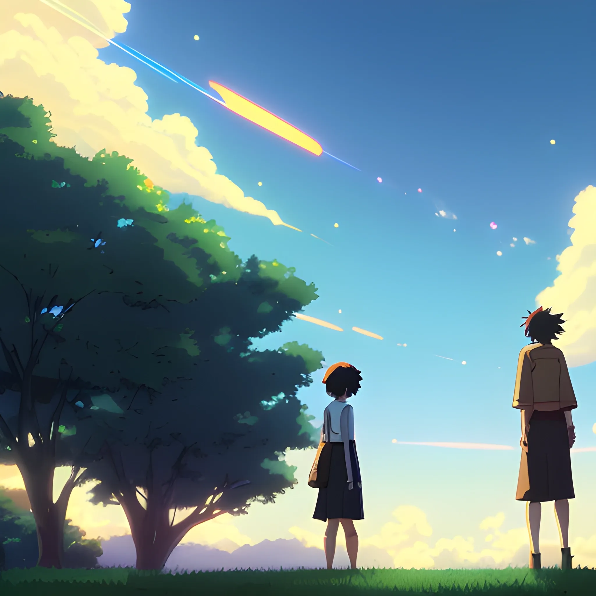 looking at optical flare in the sky in the style of makoto shinkai, Cartoon