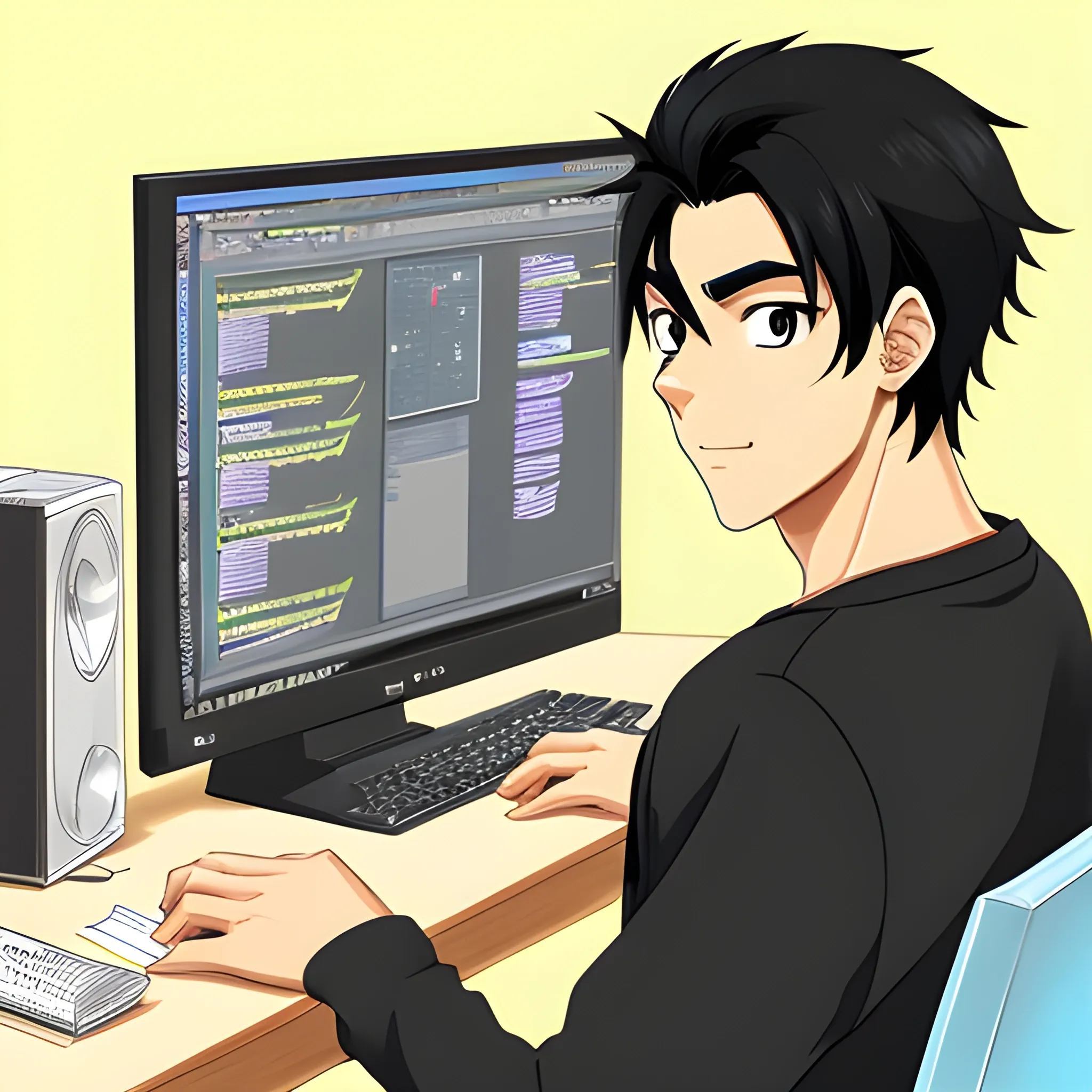 A software Engineer male black hair anime looking at the computer for profile picture purpose, Cartoon, Pencil Sketch,

, Cartoon