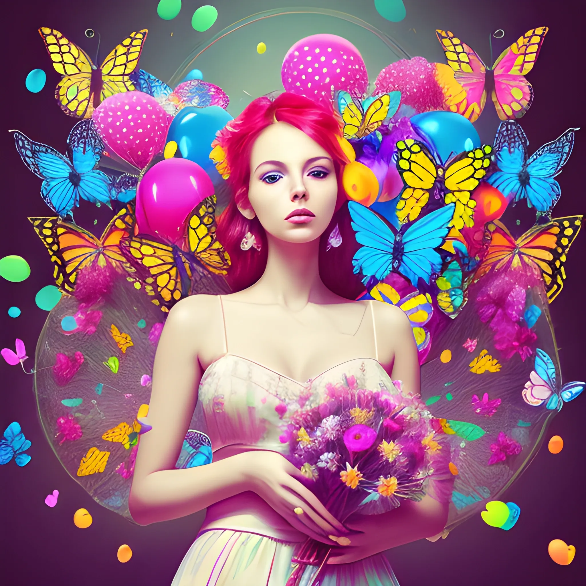 A beautiful woman, balloons, flowers and butterflies, colorful, ultimate high-definition photography, Trippy