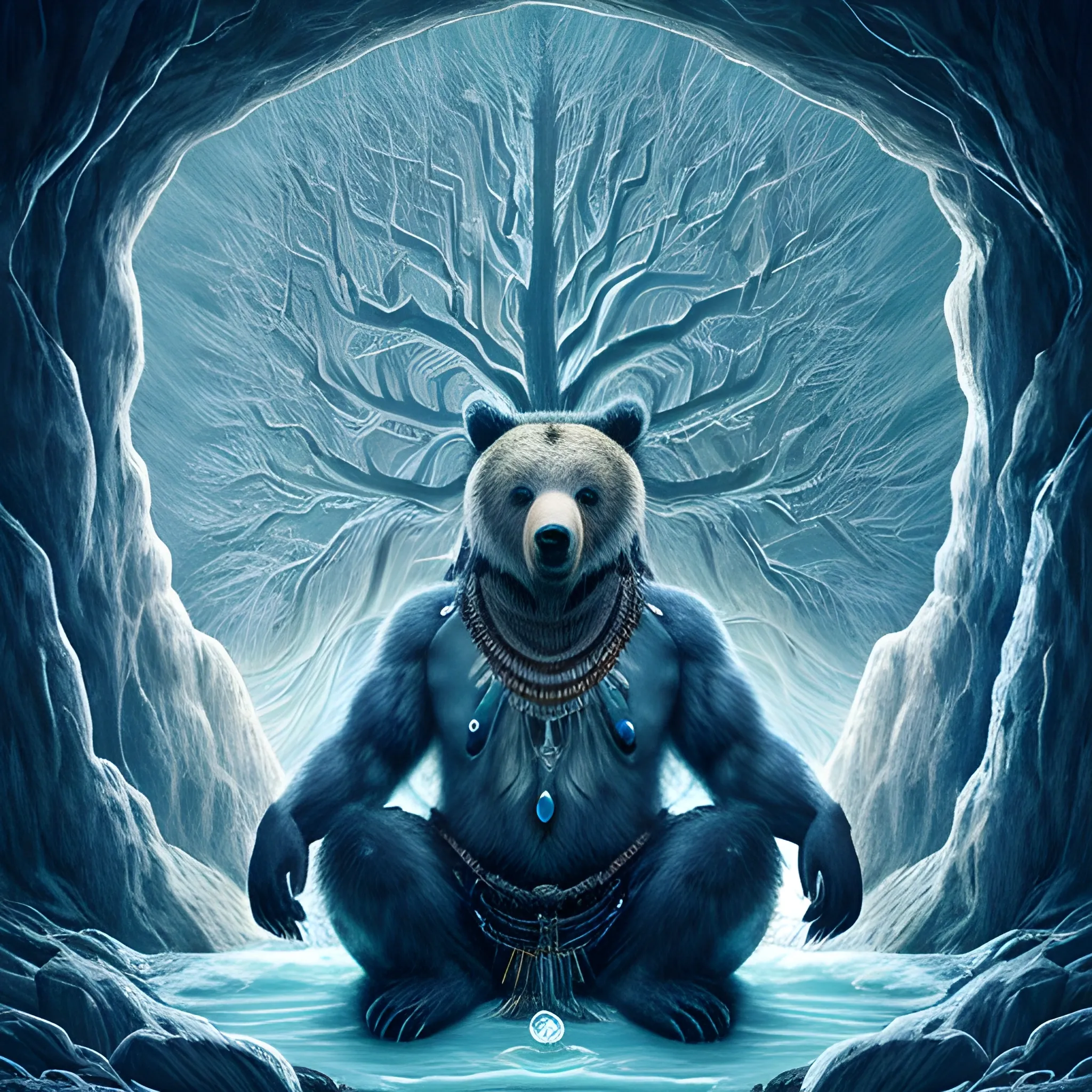 In the foreground, depict a powerful Grizzly bear with shamanistic features, embodying wisdom and inner strength. The bear should wear traditional shaman accessories like feathers, beads, and symbols that represent ancient knowledge. Beside it, an indigenous figure mirrors the bear, symbolizing a deep spiritual connection. Both are rooted to a tree with intricate roots, representing growth, introspection, and the connection between the earthly and spiritual realms.

The background should evoke the cold, icy environment of Cueva ICE, symbolizing the challenging yet transformative journey within. Use cool tones of blues and whites to represent the cold, blending with soft ethereal greens to symbolize healing and rejuvenation. Incorporate subtle elements that represent PNL (neural connections), coaching (guiding hands or paths), and hypnotherapy (a spiraling pattern that fades into the background) in a very implicit, almost hidden manner, ensuring the primary focus remains on the shamanistic bear and the cold, introspective environment.

The overall image should evoke a sense of deep spiritual exploration, the harnessing of inner strength, and the journey toward self-discovery and transformation within the icy embrace of Cueva ICE.