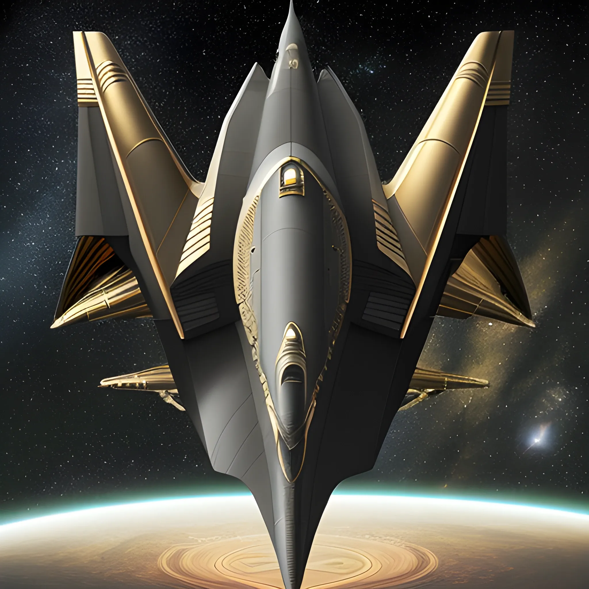 Imagine a (((very massive dark gold starship))) based on the shape of an infinity symbol, with a length of 144 miles and a diameter of 72 miles at its midsection.(((2 diamond crystal nacelles)) are evenly spaced above the back of the base of the ship. The body is designed like an aircraft carrier. A massive shaped metallic green and  red matte 1974 Winnebago forms the bridge in its center, emulating styles of Ridley Scott and Issac Asimov. (((There's a massive 🏯🏰castle 🏯🏰, at the very center of the starship. It's 4 miles wide & 20 miles high, with a Gold metallic surface, and green matte details.)))The ship is flying past Saturn. Insanely hyperrealist, detailed, and symmetrical.