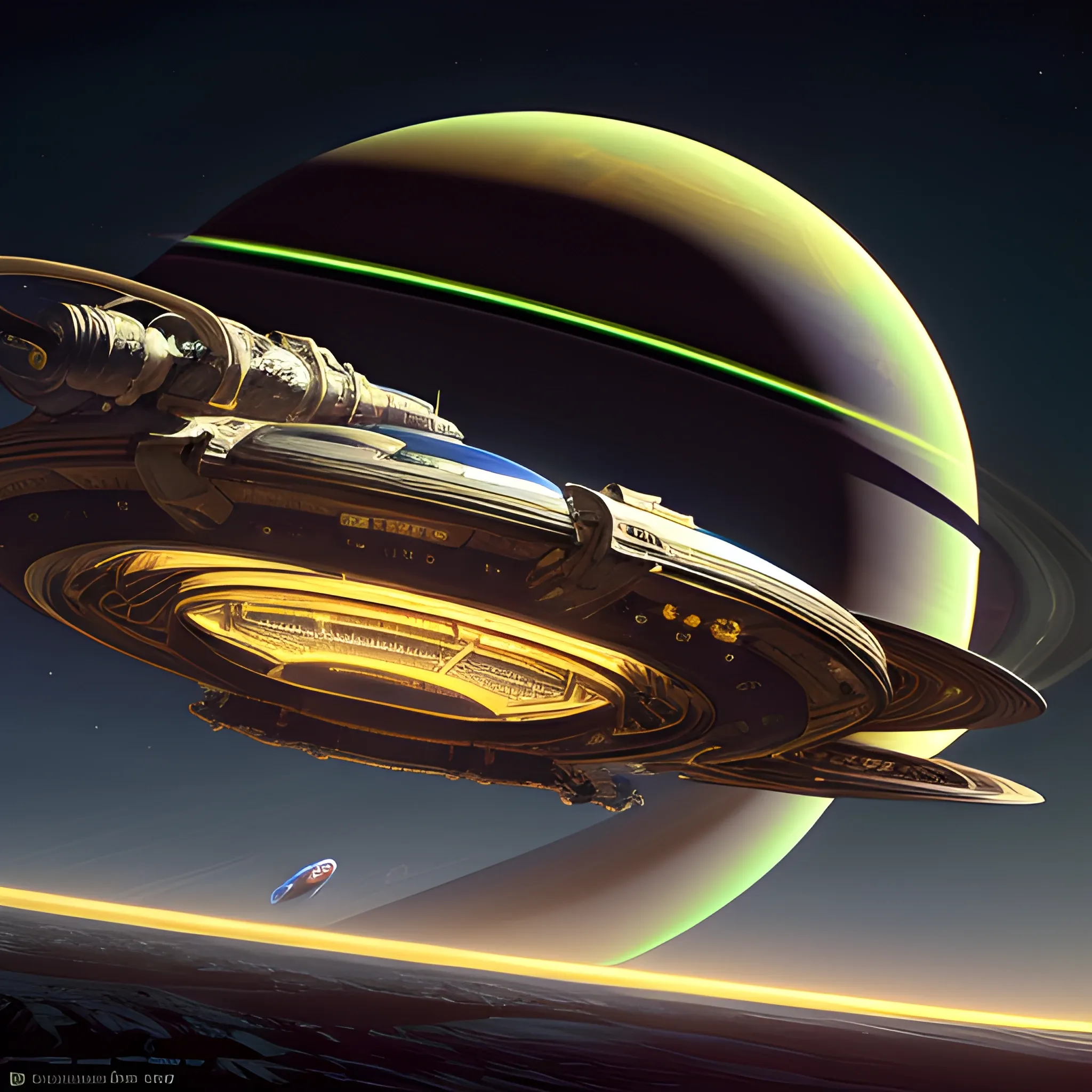 A cyberpunk fusion of Boa constrictor & a 1924 Deusenberg spaceship.The vehicle is orbiting Saturn, with the planet's majestic rings prominently visible in the background.The dark gold starship is adorned with intricate gears & machinery, emitting lemon smoke & giving off an industrial vibe.In the background, a space station resembling a mix of Victorian &industrial styles hovers over Saturn.