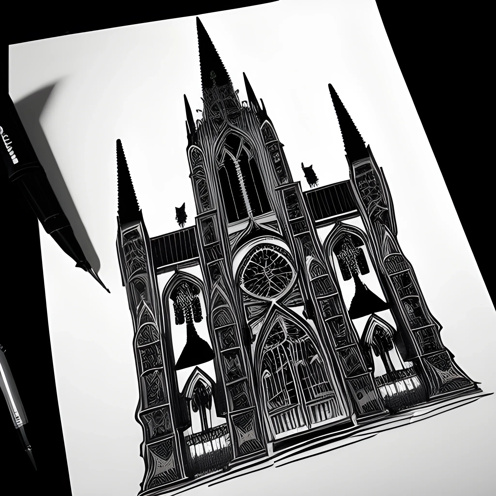 make a tattoo design of a gothic cathedral in a blackwork style, remember that in blackwork the lines dominate and that gothic cathedrals were dark.