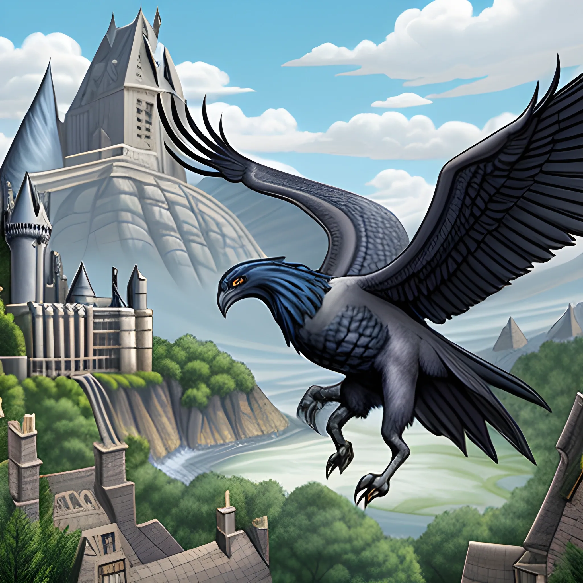 Ravenclaw student petting a Hippogriff from the Hogwarts Legacy game against a Hogwarts background in an illustration style