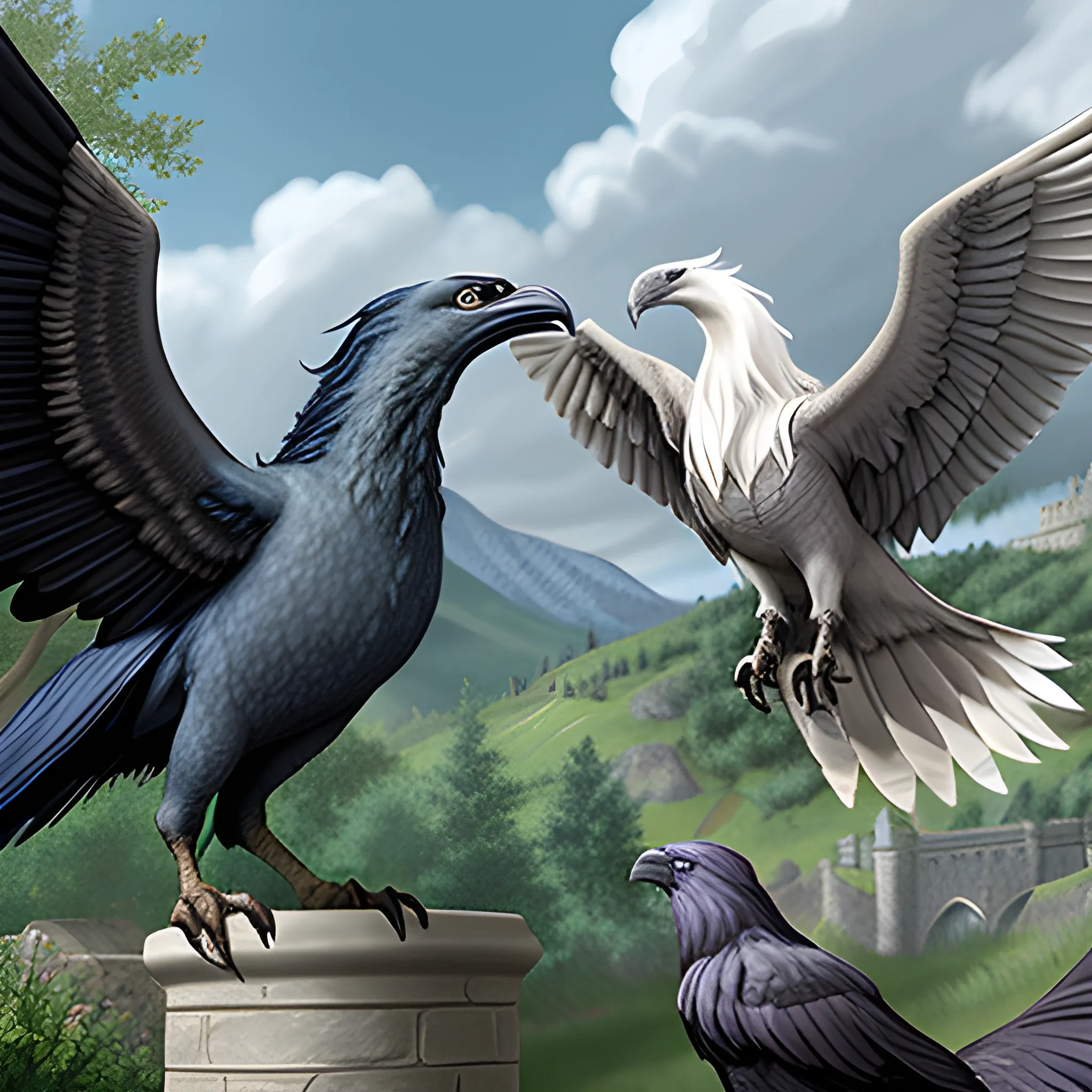 Ravenclaw student  white-skined petting a Hippogriff from the Hogwarts Legacy game against a Hogwarts background