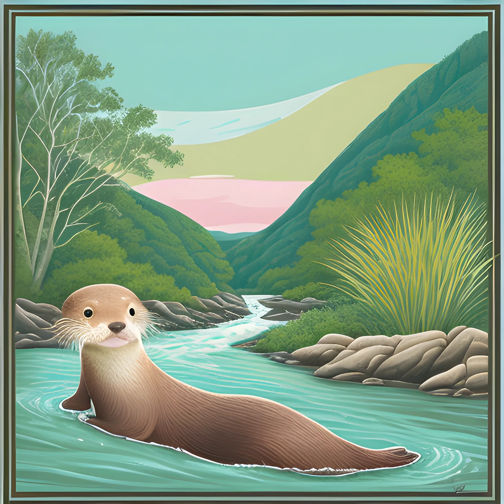 Mural design showing the otter as the main element, in a river, with beautiful vegetation, with flat backgrounds and done in pastel colors.