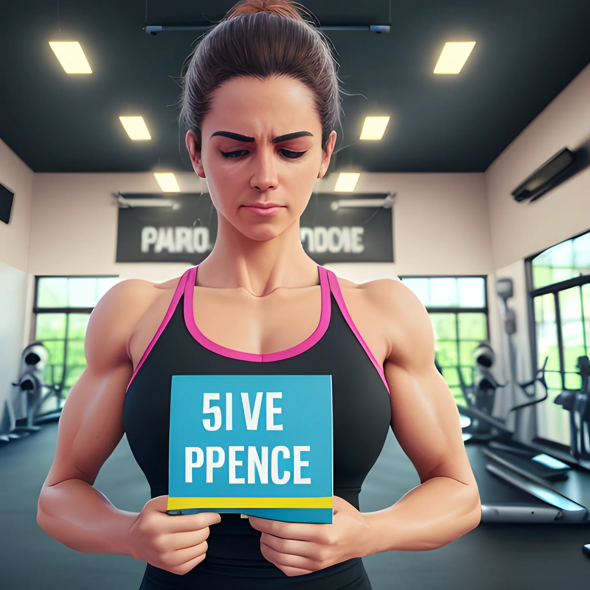 a post for Instagram, a woman at the gym, holding a sign reading "5 EXERCICIOS PARA PERDER PESO", in Brazilian Portuguese, in capital letters 3D, realistic, cinematic, 8k, 5D,