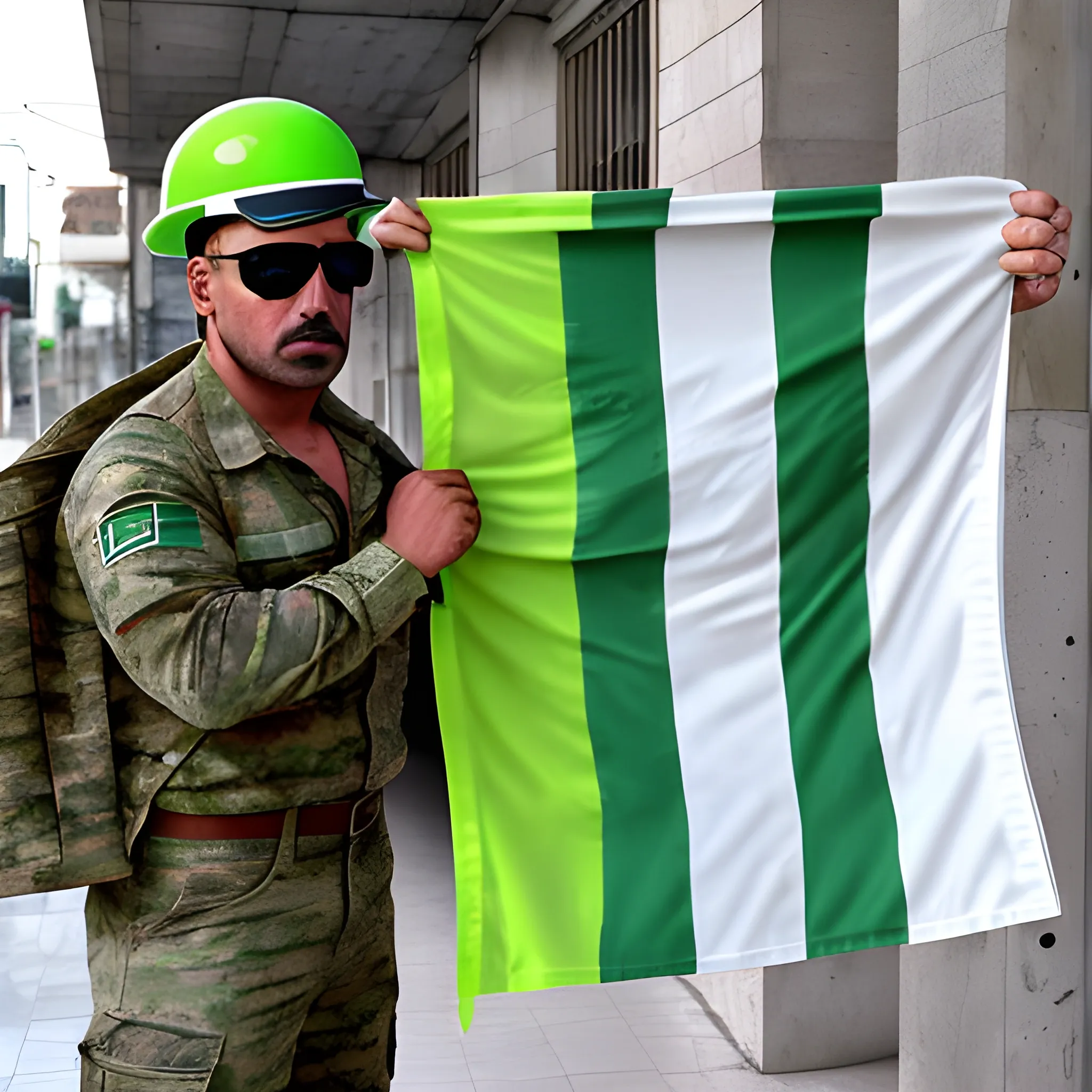 Un hombre alto latino musculoso con uniforme camuflado en tonos verdes       
en una mano lleva una ametralladora y en la otra una bandera con el texto "EMCH" en la primera linea y "1987" en la segunda linea , realista