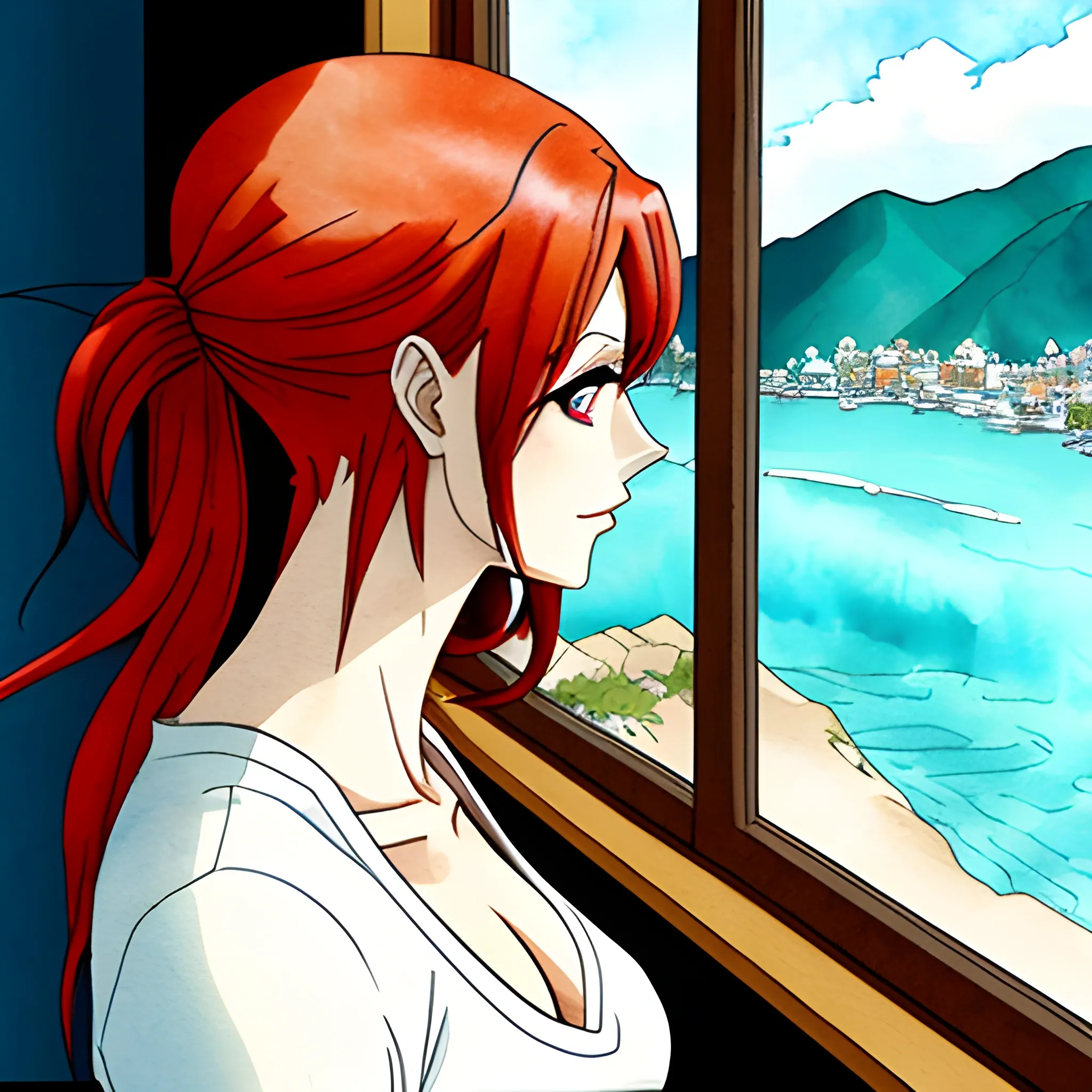 anime girl with red hair looking out the window, Water Color, Cartoon, 