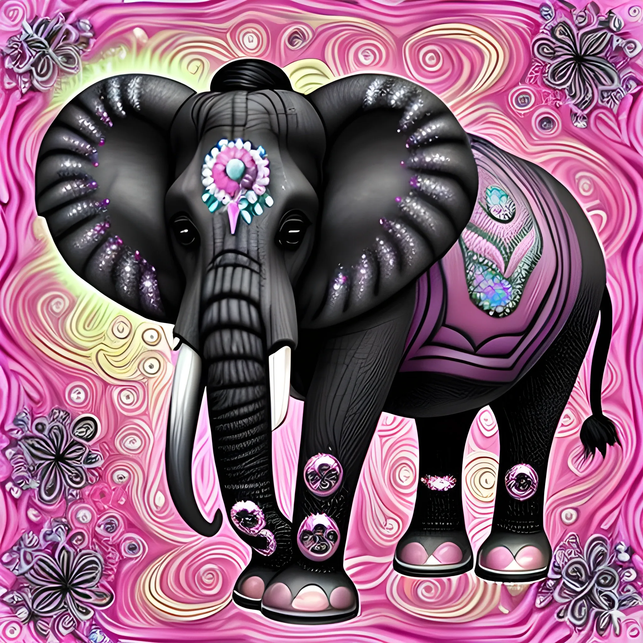 , Trippy cara de elefante feliz negro y rosado con joyas 