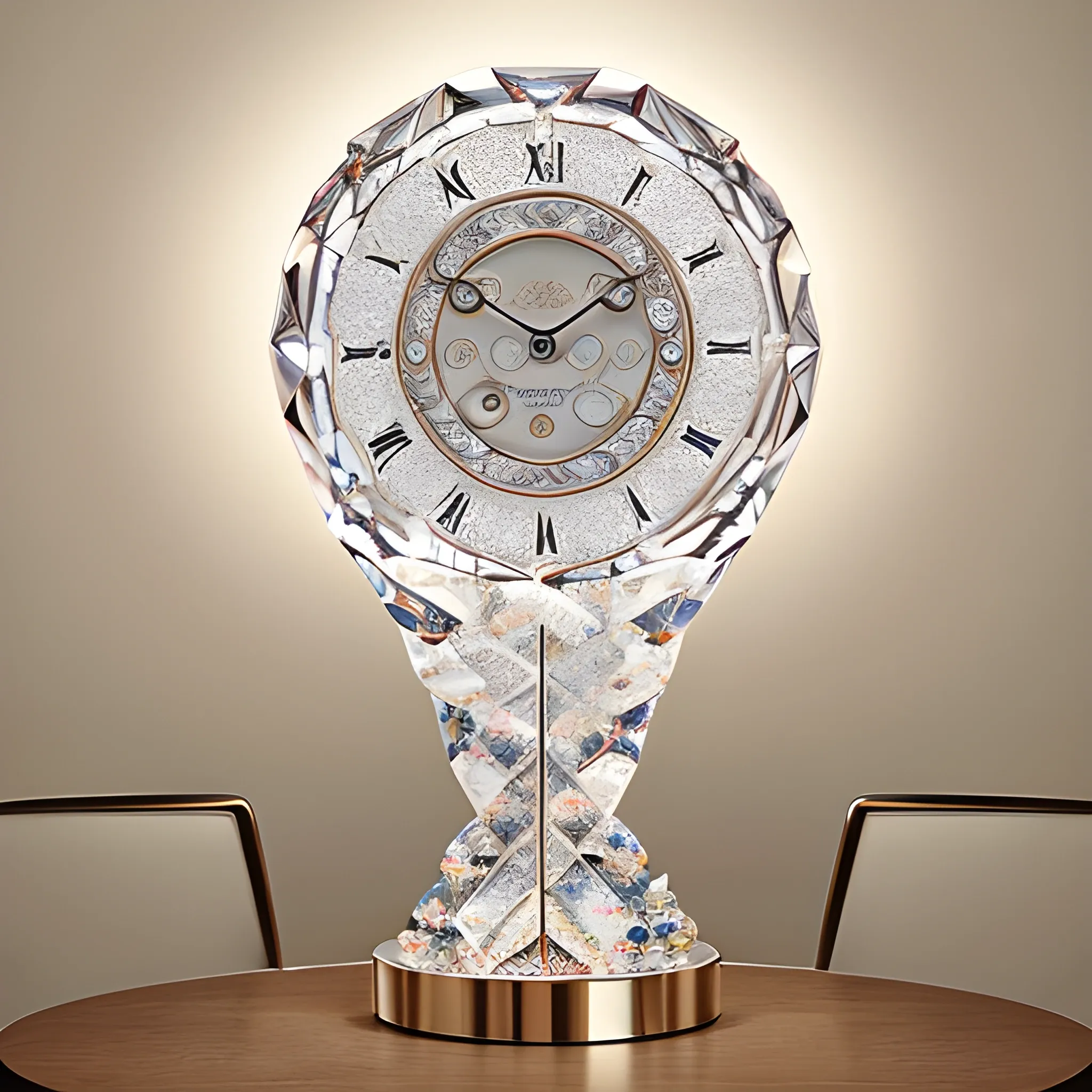 give a picture of a clock with a luxurious and beautiful crystal flow