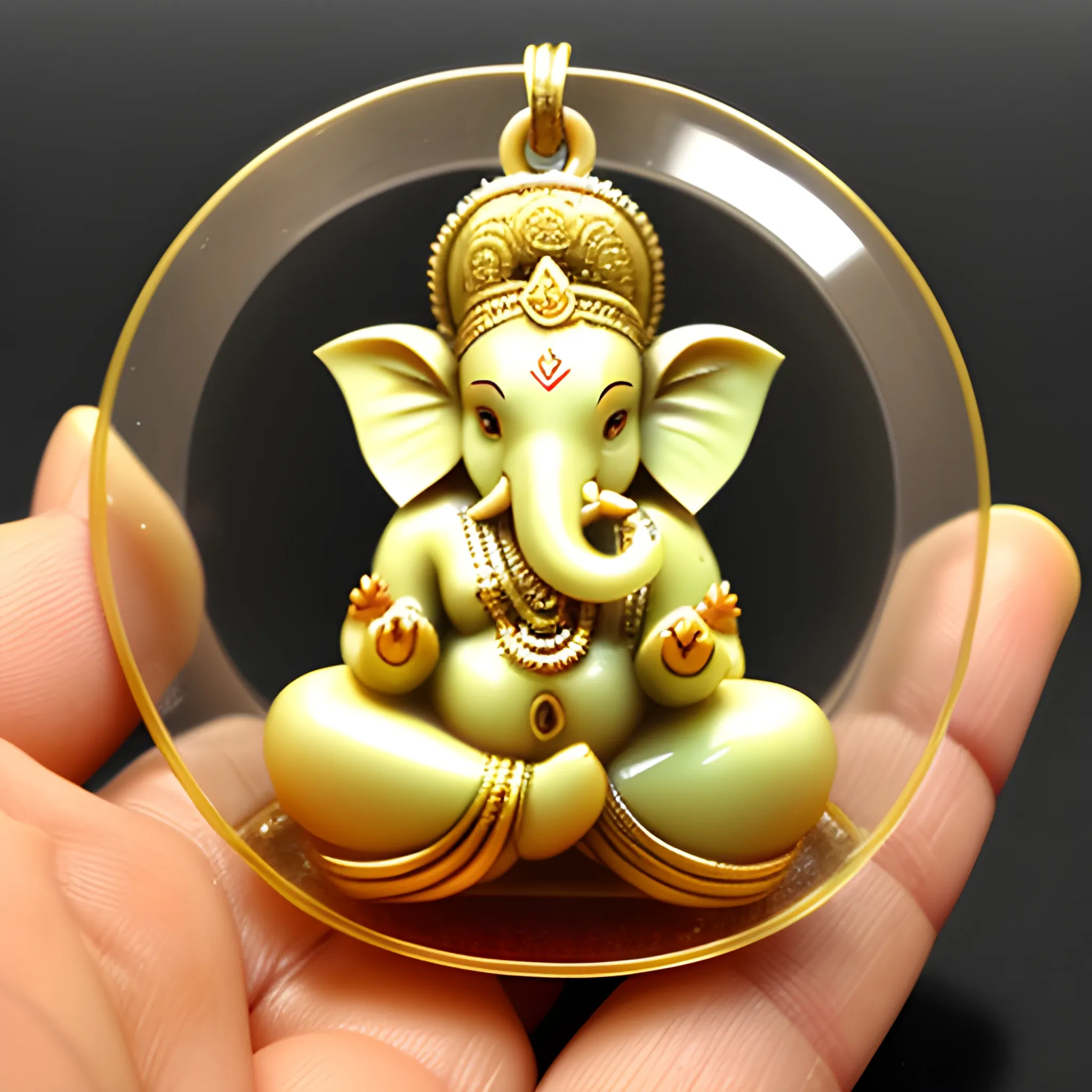 mini size Lord Ganesha statue about 1centi meter, very cute Lord Ganesha statue, made of ivory, very elaborate and beautiful, beautiful ornament\(flowers, lotus, halo, etc\) carved, fearless face, covered with clear case and made into a pendant, poor skinny Indian cute baby holding it by 1finger with great care and showing it very happily,