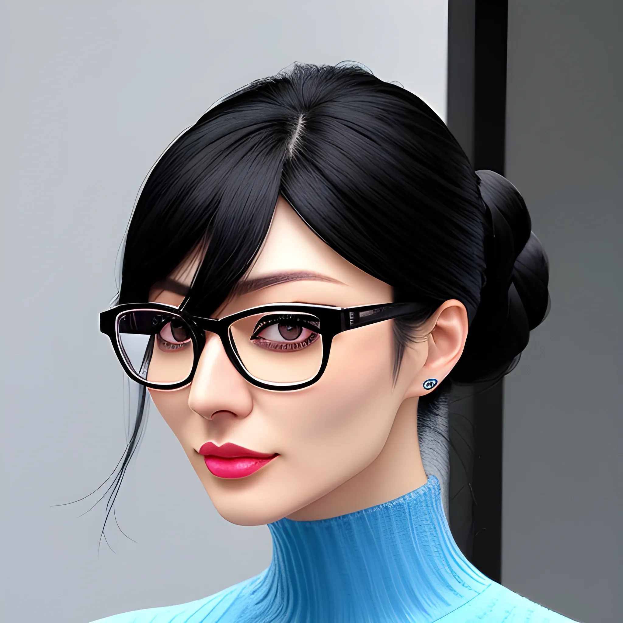 she is glasses blackskin girl She is Japanese.She has straight black hair.Has light blue eyes