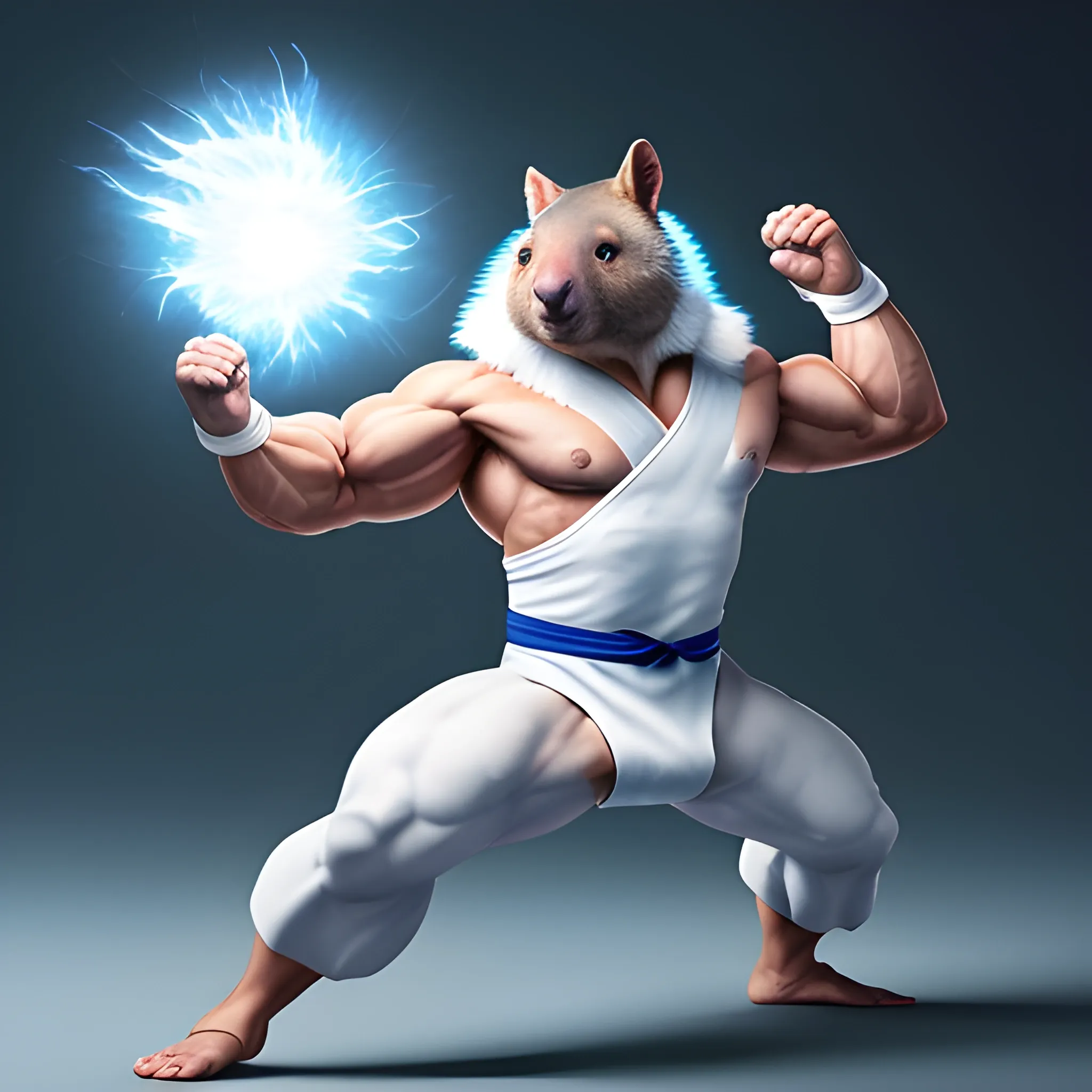 A powerful wombat wearing a simple white kungfu suit, with a muscular build, performing a hadoken. He is facing the viewer directly, summoning raw energy into a glowing blue fireball between his paws. The intensity of his focus and the energy swirling around the fireball is palpable. His stance is strong and grounded, with the white kungfu suit contrasting against his fur. The background is minimal, allowing the viewer to focus on the wombat and the radiant energy of the hadoken. Styles: dark fantasy, cyberpunk, hyper-realistic rendering