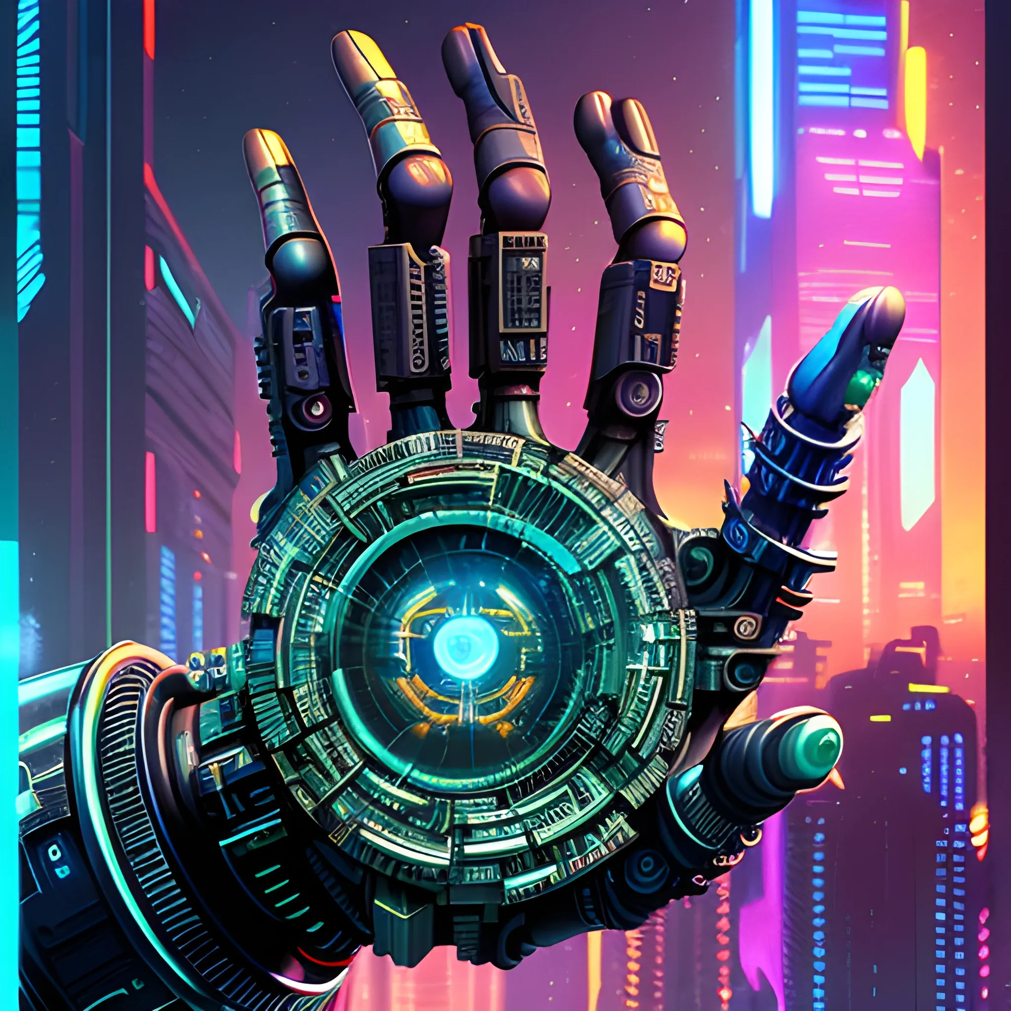 3d cyberpunk cyborg hand made from inter-dimensional dust with a portal in the palm, revealing an opening to a magical cyberpunk metropolis, hyper maximalist detail - ultra fine definition by masterpiece fantasy poster 1980s, dark fantasy