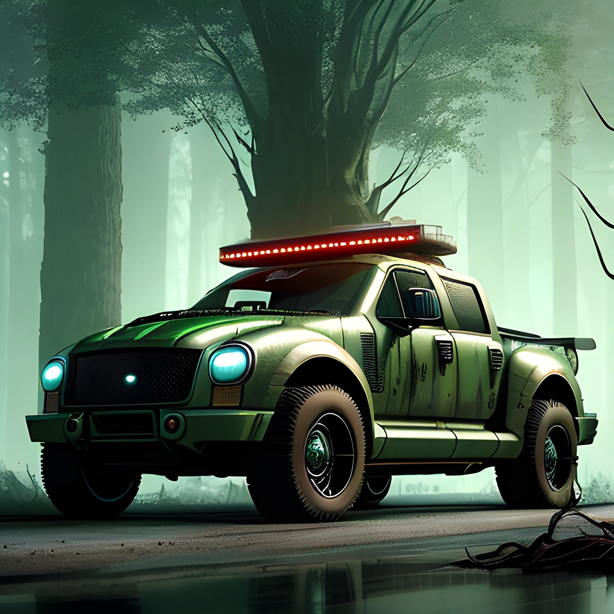 A futuristic mechanical bird with a torso formed from an American-style truck instead of an articulated lorry, with a massive chrome grille and exhaust stacks forming part of the design. The bird is perched on a moss-covered tree branch in a dense, misty forest, with sunlight filtering through the thick canopy. The combination of the powerful, industrial truck design with the serene natural environment creates a striking visual. Style keywords industrial fusion, cyberpunk realism, retro-futurism