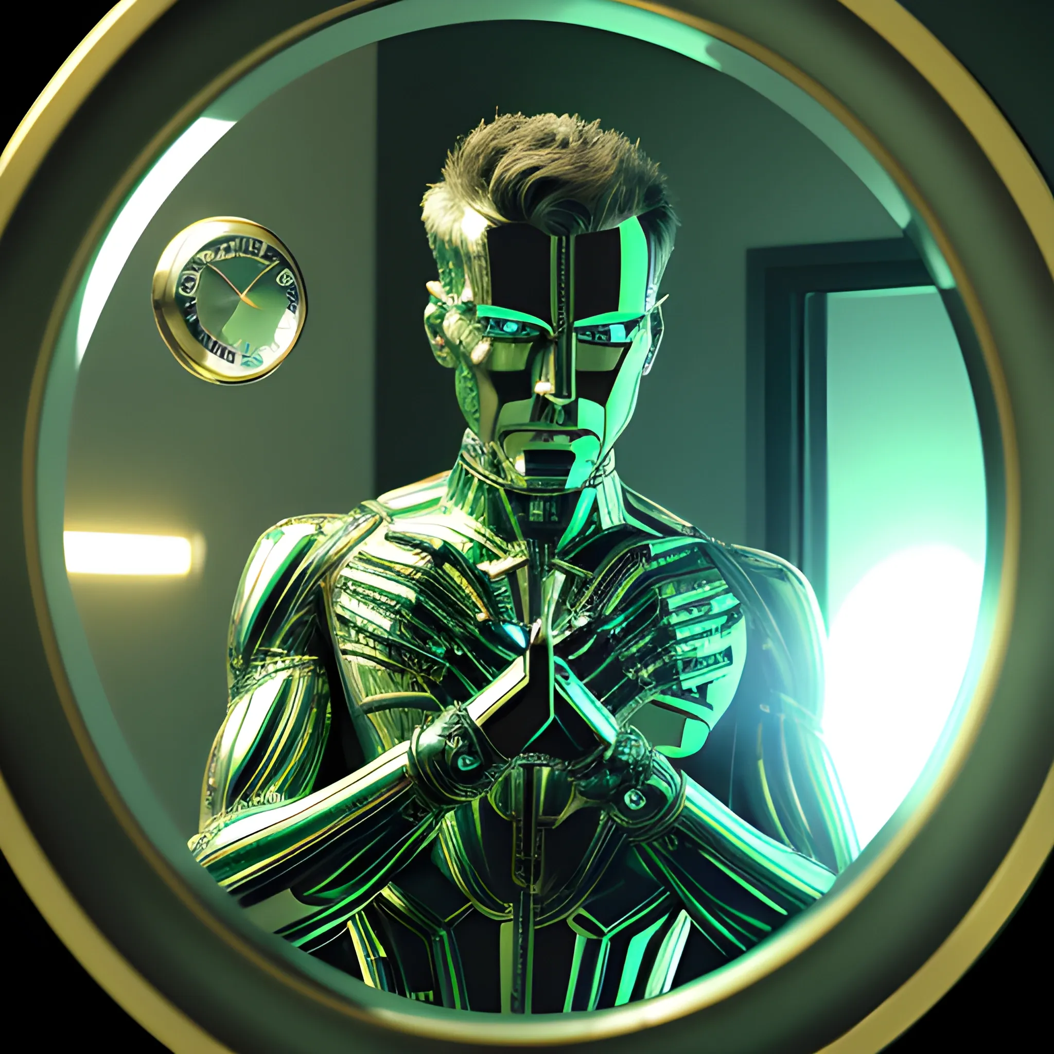 A man with a metallic skin and mechanical hands is looking at himself in a mirror. The man is wearing a green metal wristwatch with a strange symbol in the center. The watch is glowing and the man is looking at it with a mixture of excitement and apprehension.