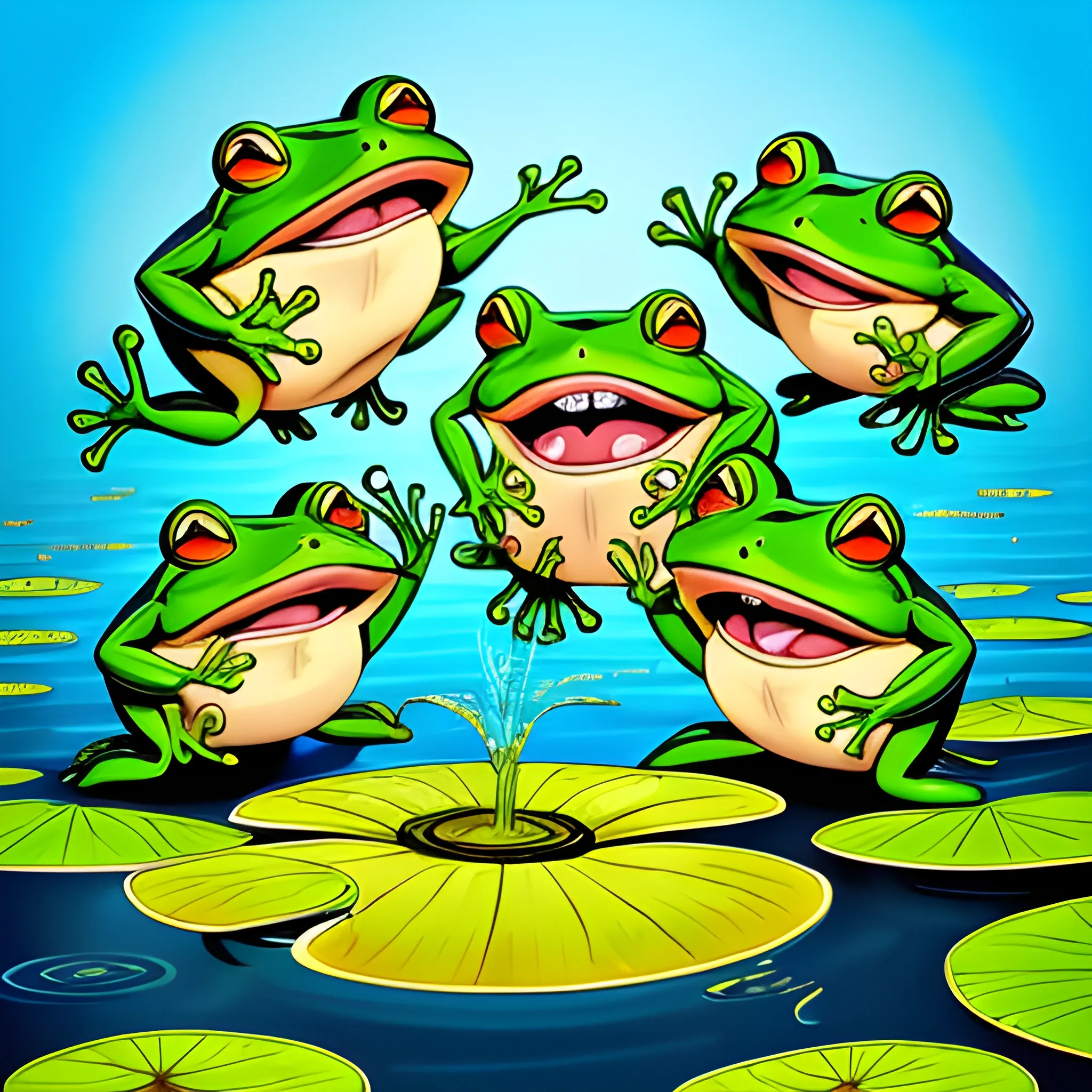 A vibrant illustration of four cartoonish frogs with exaggerated angriest features, including large eyes and wide mouths, leaping energetically from a lily pad over a watery background. The frogs display a variety of expressions, evoking a sense of excitement and chaos as they splash and jump in unison, with a colorful, whimsical environment surrounding them. Their size is bigger than usual.