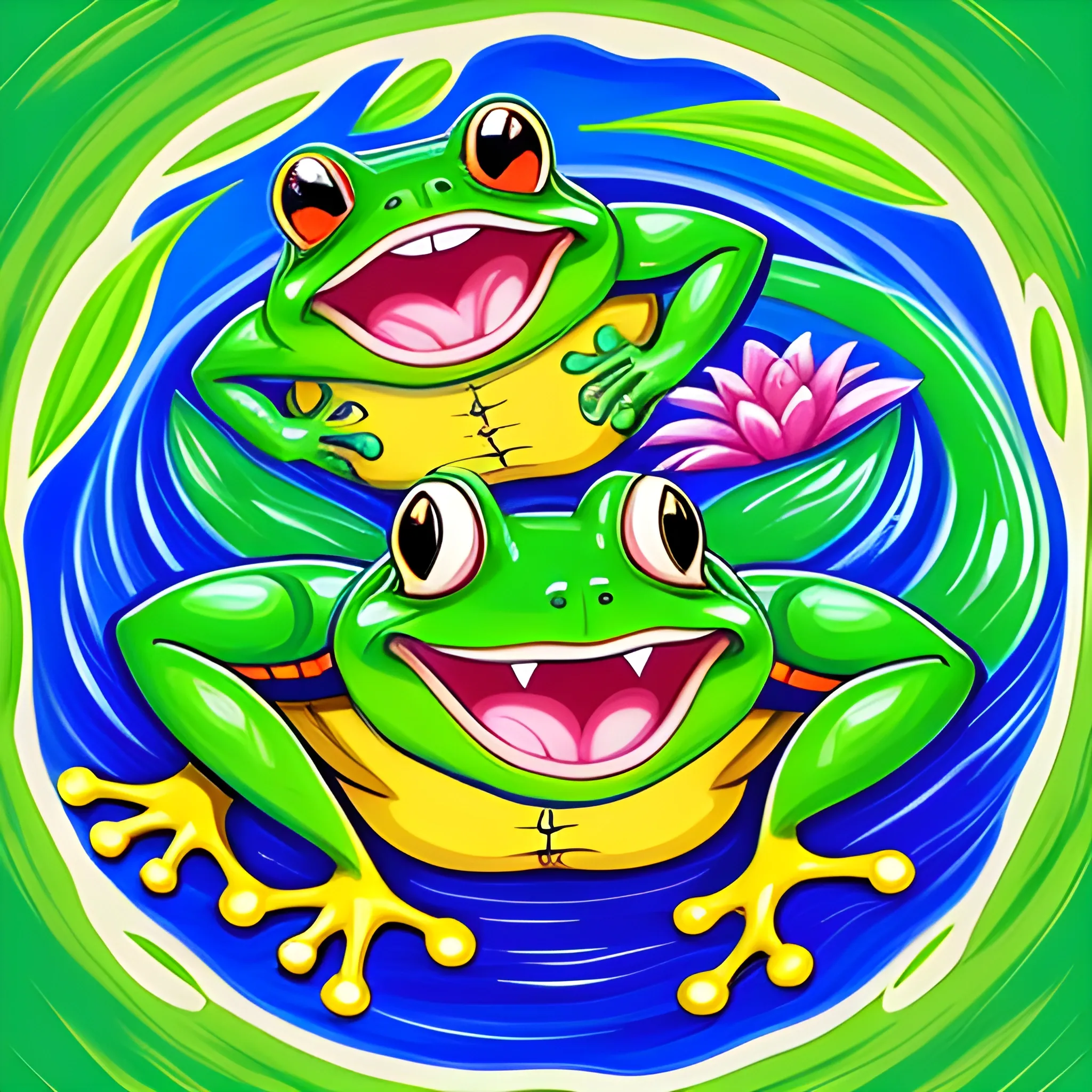 A vibrant illustration of two cartoonish frogs with exaggerated angriest features, including large eyes and wide mouths, leaping energetically from a lily pad over a watery background. The frogs display a variety of expressions, evoking a sense of excitement and chaos as they splash and jump in unison, with a colorful, whimsical environment surrounding them. Their size is bigger than usual.