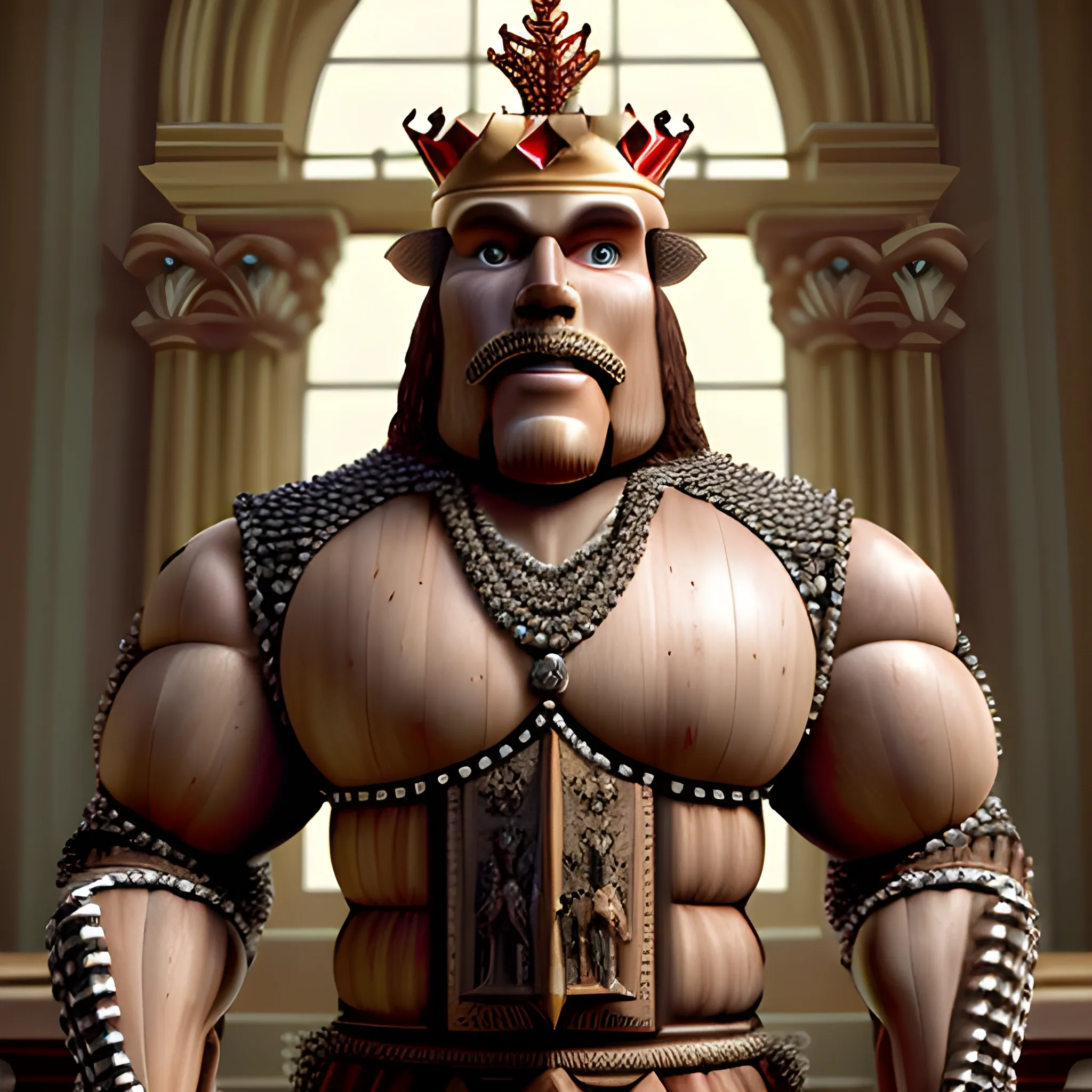 (((A striking cinematic realistic portrait of King Rotholz, an anthropomorphic redwood humanoid man at 6 feet 3 inches and weighing 260 pounds of pure muscle. Except for being a redwood humanoid, this king resembles a human with the same build.))). He is adorned in an intricately designed Victorian-style fashionable suit, exuding an air of authority. Perched on the balcony of his grand castle, he addresses his subjects with a look of pride and determination. A speech bubble hovers above his head, containing the words: "I'm king of the world!" The background showcases the sprawling castle and its majestic surroundings, with a sense of grandeur and power., photo, cinematic, 3d render, fashion