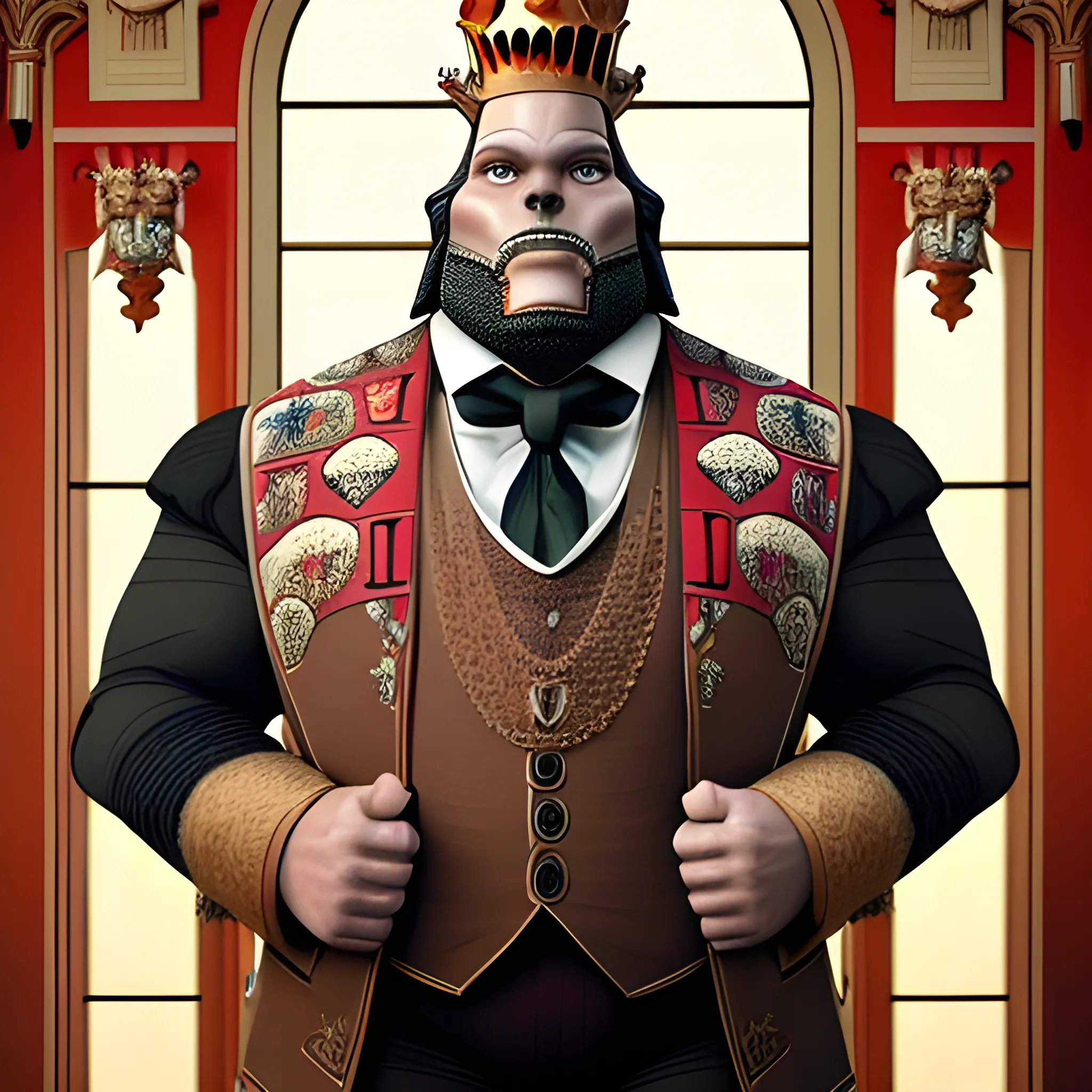 (((A striking cinematic realistic portrait of King Rotholz, an anthropomorphic redwood humanoid man at 6 feet 3 inches and weighing 260 pounds of pure muscle. Except for being a redwood humanoid, this king resembles a human with the same build.))). He is adorned in an intricately designed Victorian-style fashionable suit, exuding an air of authority. Perched on the balcony of his grand castle, he addresses his subjects with a look of pride and determination. A speech bubble hovers above his head, containing the words: "I'm king of the world!" The background showcases the sprawling castle and its majestic surroundings, with a sense of grandeur and power., photo, cinematic, 3d render, fashion