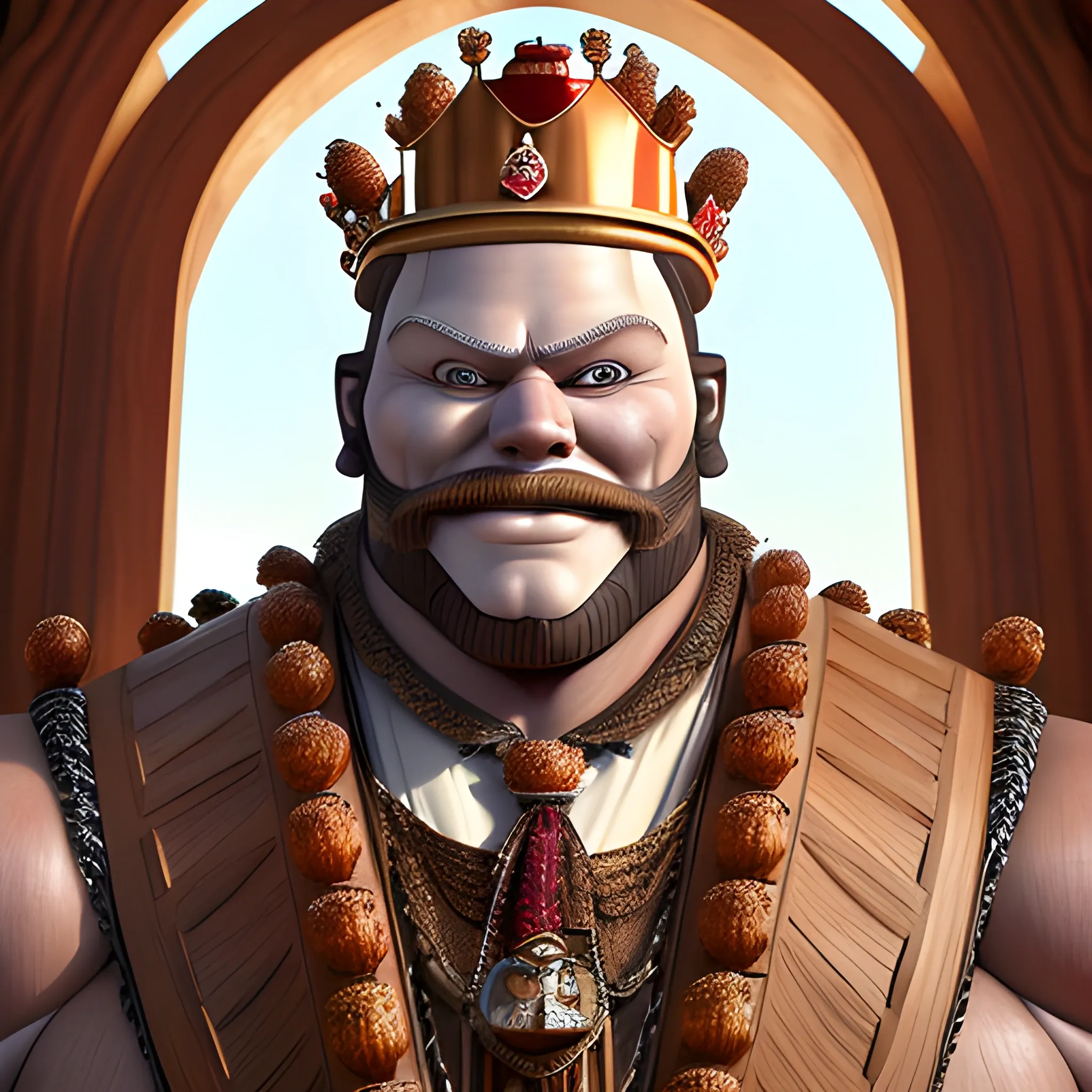 (((A striking cinematic realistic portrait of King Rotholz, an anthropomorphic redwood humanoid man at 6 feet 3 inches and weighing 260 pounds of pure muscle. Except for being a redwood humanoid, this king resembles a human with the same build.))). He is adorned in an intricately designed Victorian-style fashionable suit, exuding an air of authority. Perched on the balcony of his grand castle, he addresses his subjects with a look of pride and determination. A speech bubble hovers above his head, containing the words: "I'm king of the world!" The background showcases the sprawling castle and its majestic surroundings, with a sense of grandeur and power., photo, cinematic, 3d render, fashion