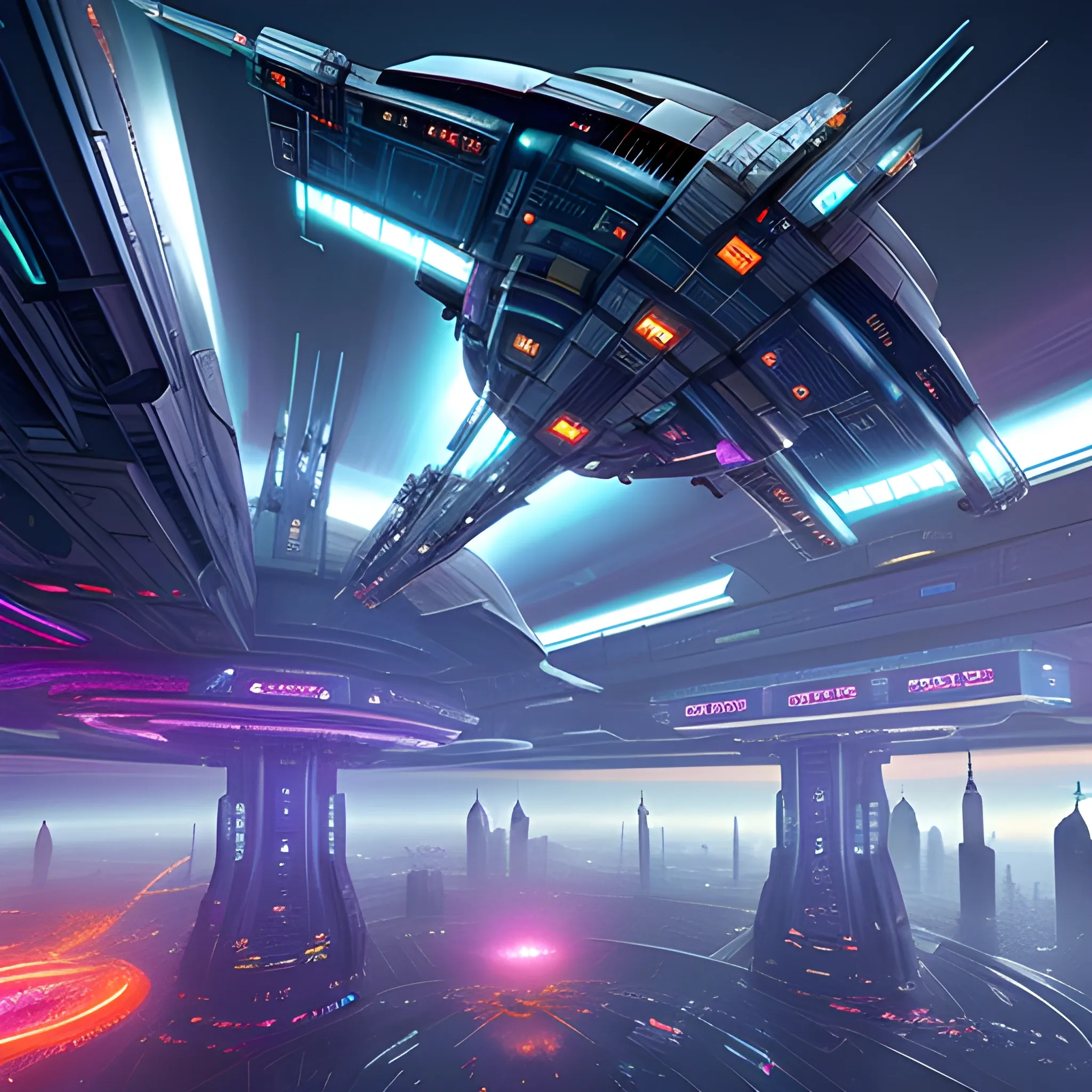 futuristic metropolitan platform, soaring amidst space clouds at night, fortified with futuristic defenses, cyberpunk style - inspired by the imaginative realms of science fiction art