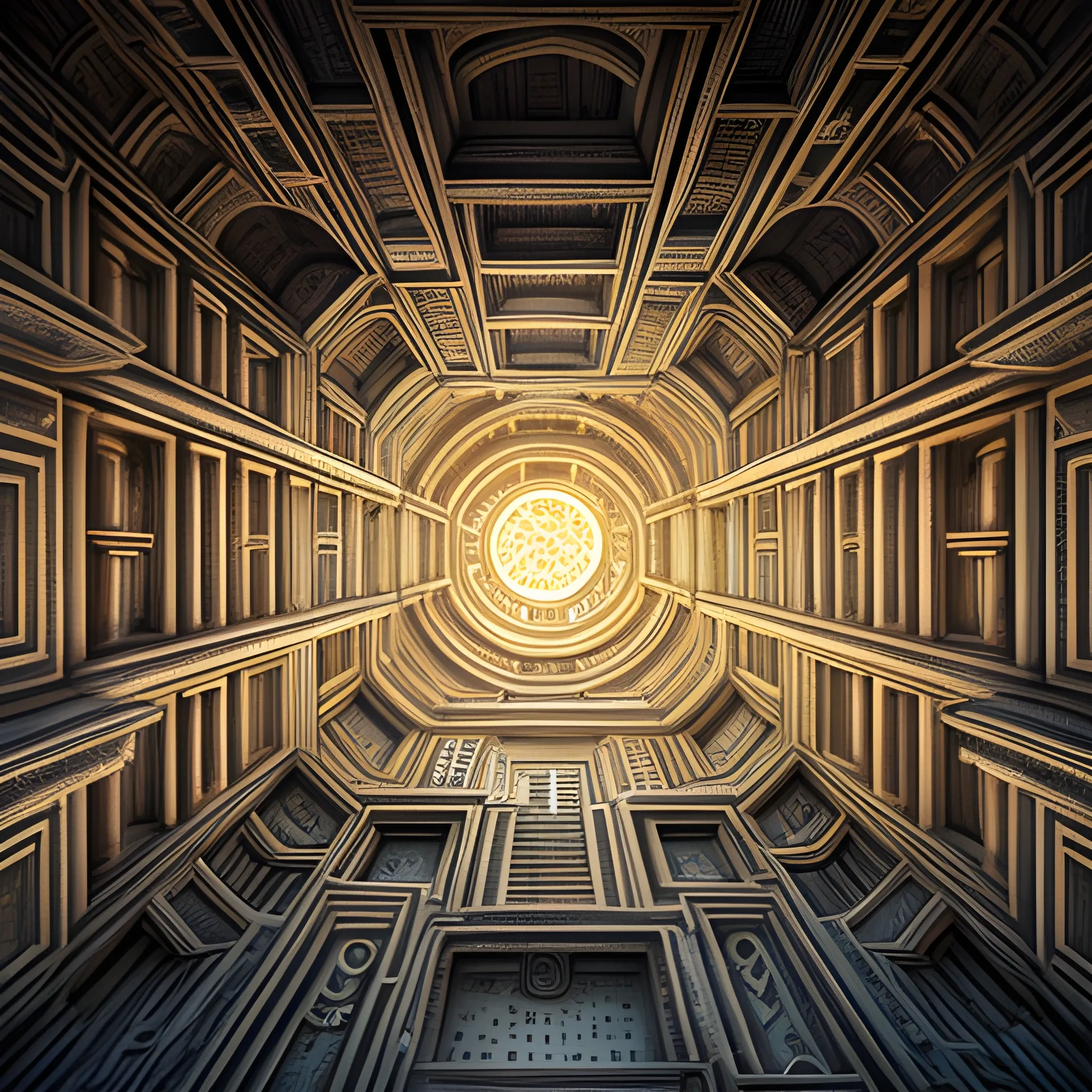 Panopticon Ancient Architecture: (complex layout, intricate detail, painterly) maze skyscraper at up, Babylonian civilization, Mysterious Ancient Architecture, underground, king Tomb in center of hall, octane render, enhance, intricate, (masterpiece, Representative work, official art, Professional, unity 8k wallpaper:1.3)