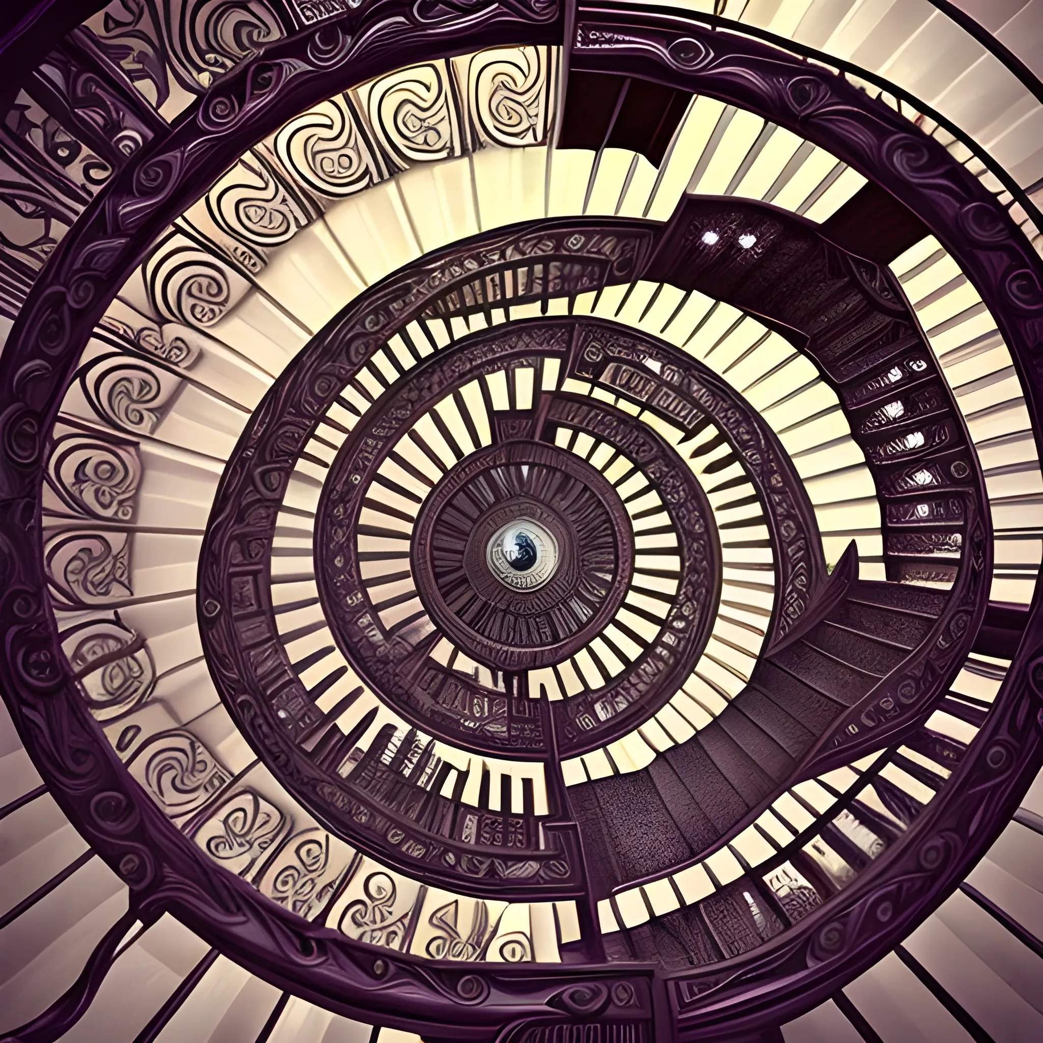 A mesmerizing cosmic design of M.C. Escher's famous impossible staircases, reimagined in a steampunk staircase. They are defying gravity, gracefully spirals across a luminescent surface that reflects the brilliance of endless staircases going down & upside-down & around & upside-down& around.