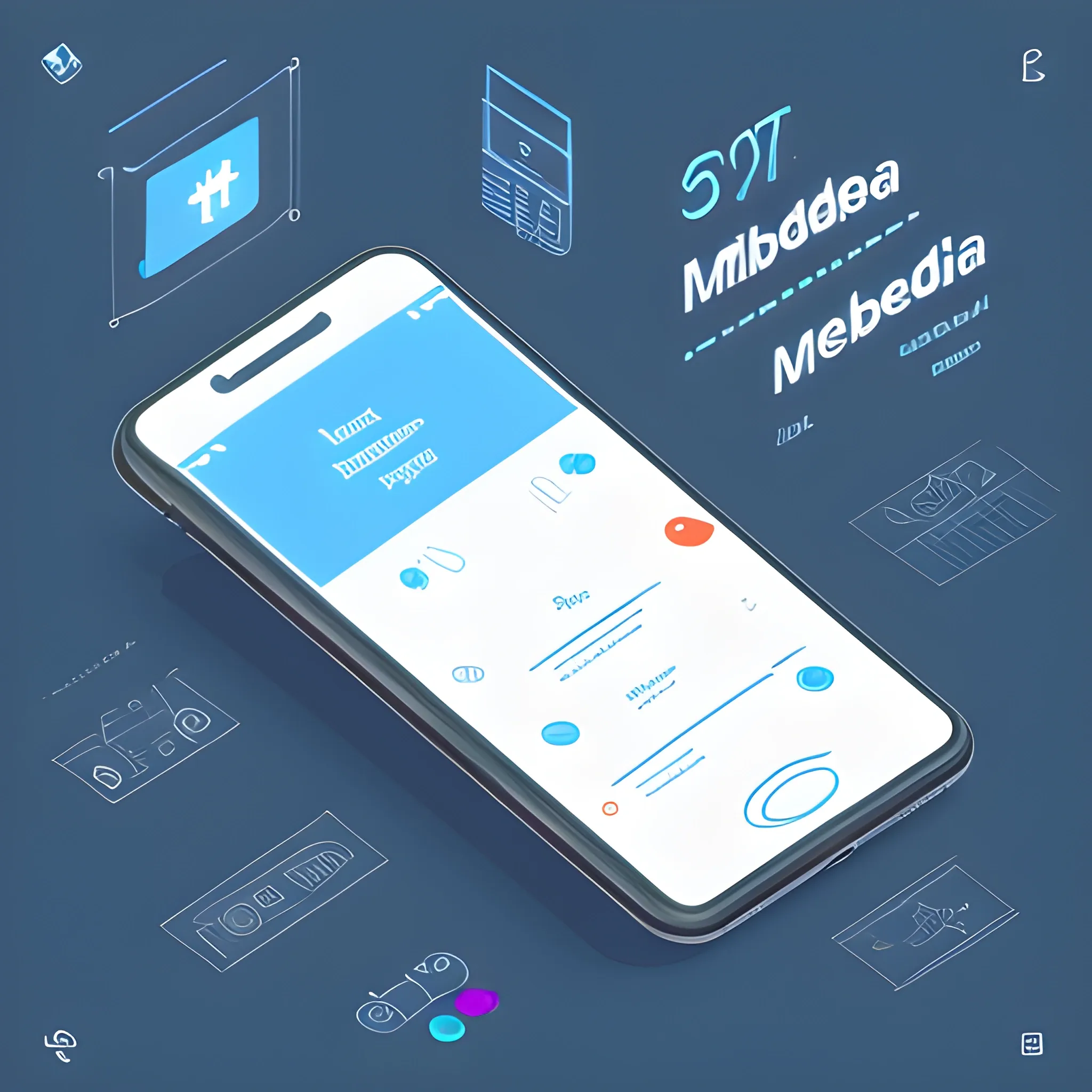 A modern, sleek, and intricately detailed isometric technical drawing of a smartphone screen displaying a social media app interface, with vibrant colors and a subtle glow effect, evoking the style of digital illustration.