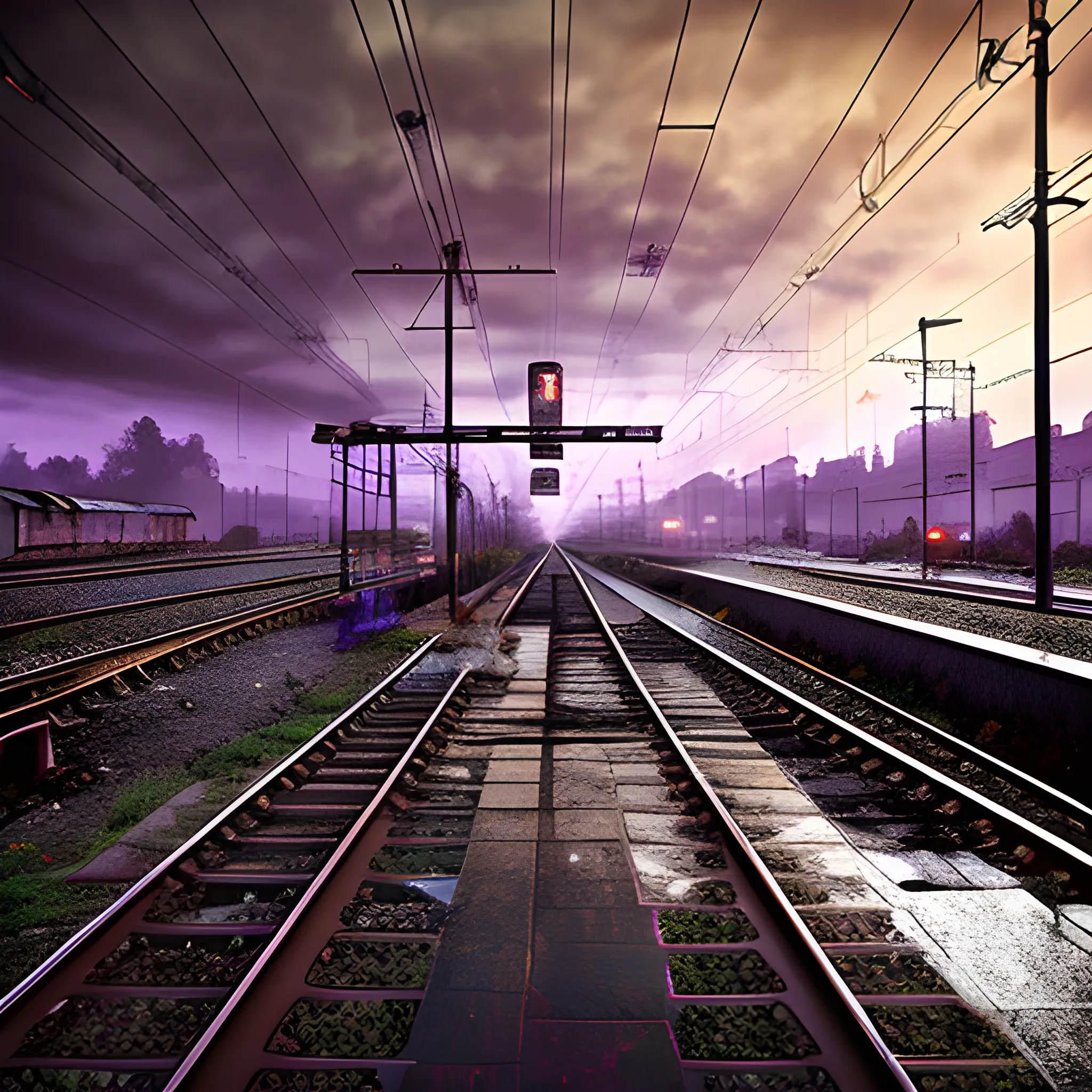 European railroad station, post-apocalyptic, rainy mood, purple, orange.