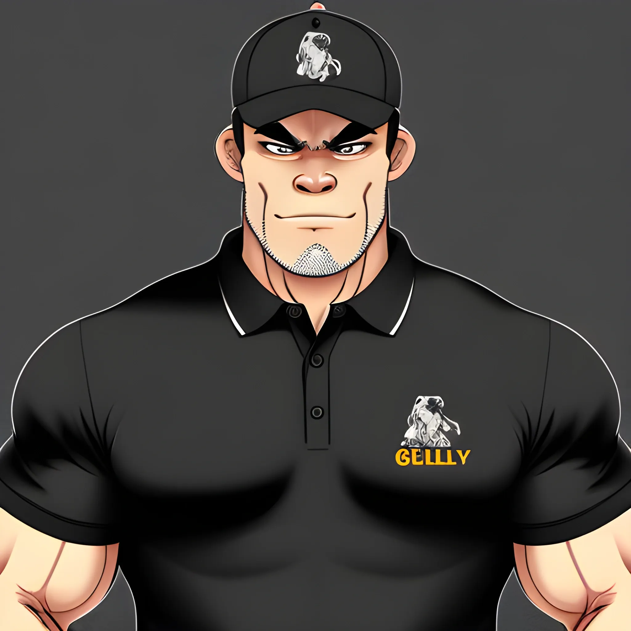 Muscular gorilla black with polo shirt and logo cap, Cartoon