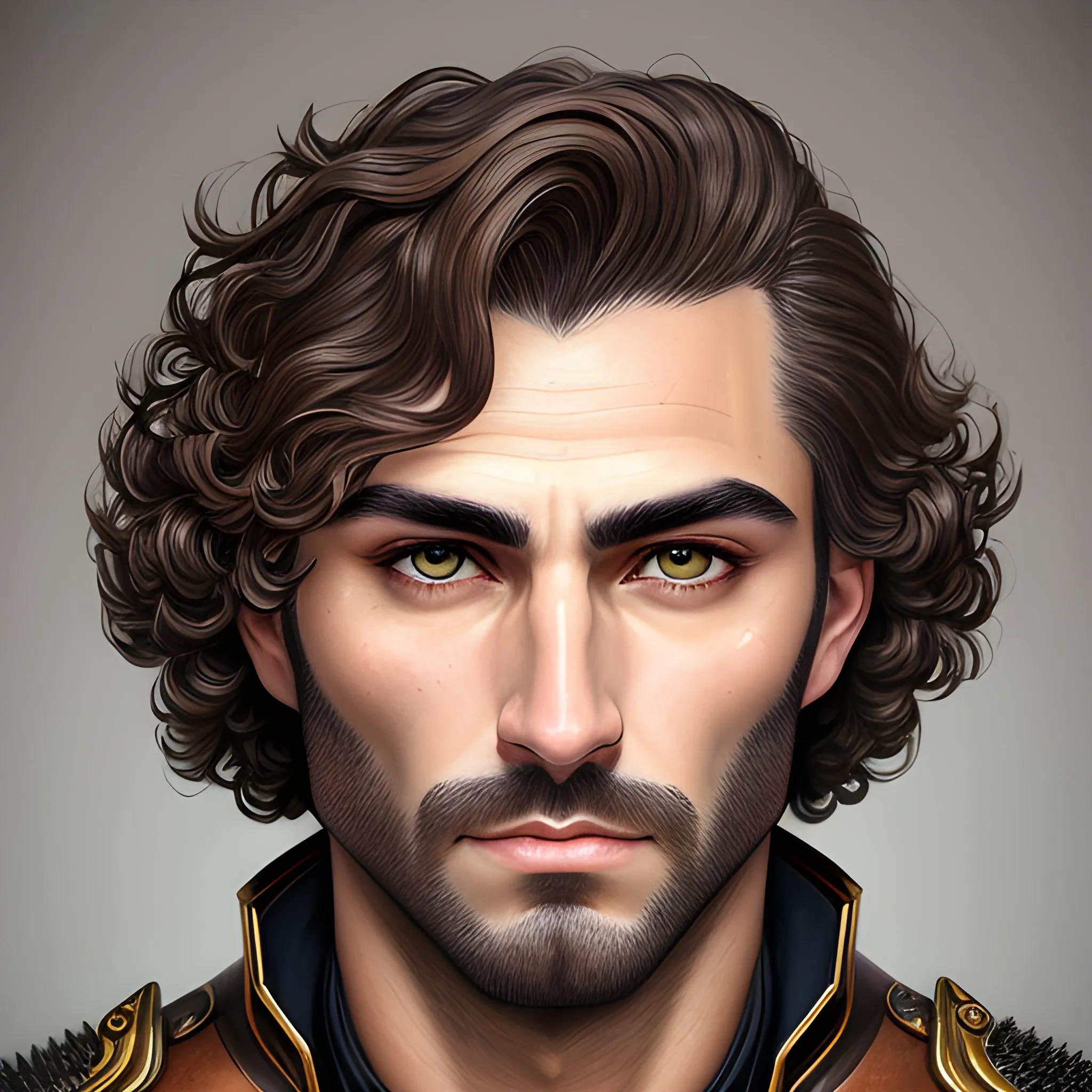 semi-realistic, masterpiece, portrait, adult man, man in his twenties, young man, medieval aesthetic, vintage, brown eyes, deep eyes, soldier, in an office, stoic expression, dark brown hair, curly mullet, no facial hair, full body, burly, built, crisp details, illustrated, niji 6, Midjourney, Detailed eyes, strong, sharp focus, perfect hands, perfect light, Oil Painting