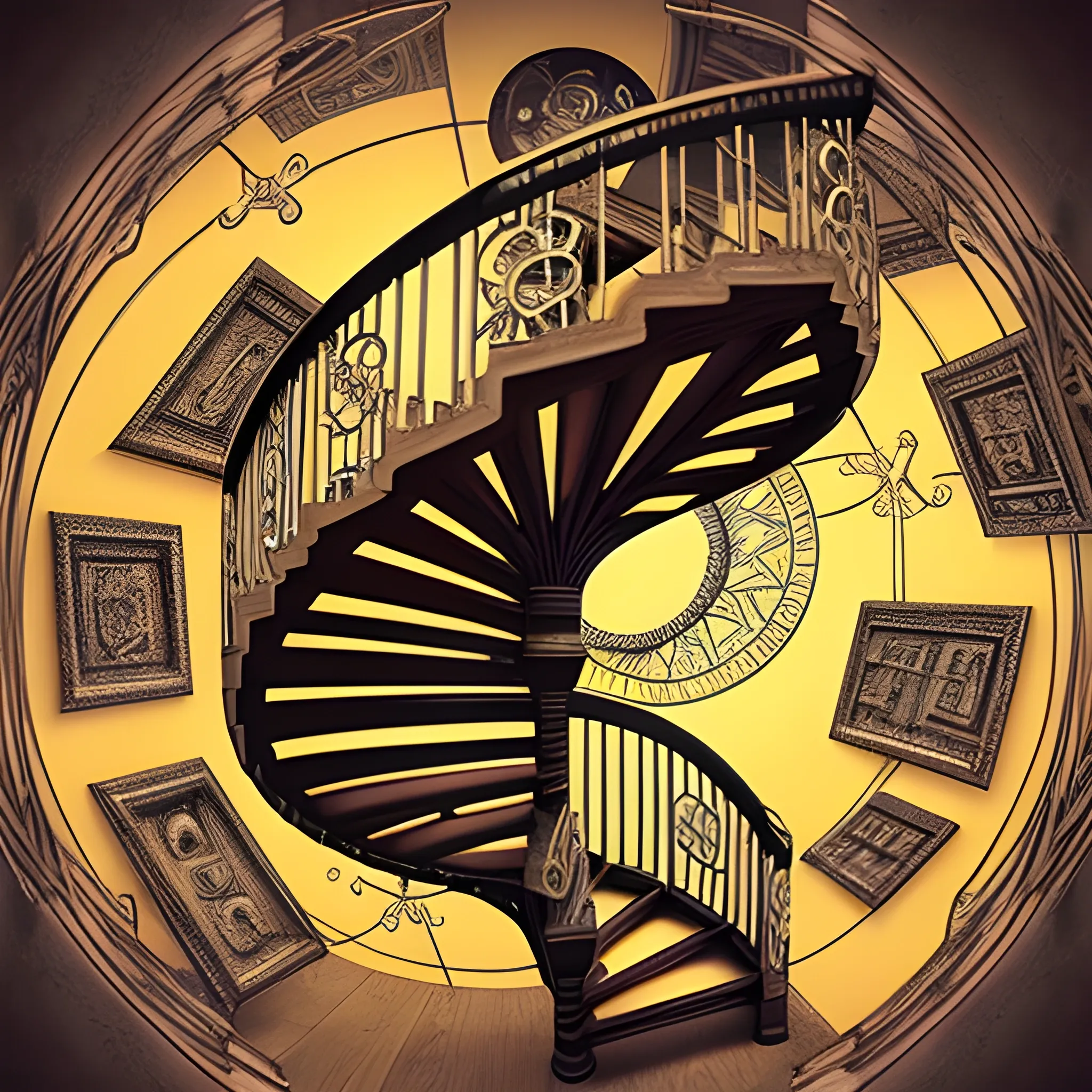 A mesmerizing cosmic design of M.C. Escher's famous impossible staircases, reimagined in a steampunk staircase. They are defying gravity, gracefully spirals across a luminescent surface that reflects the brilliance of endless staircases going down & upside-down & around & upside-down& around.