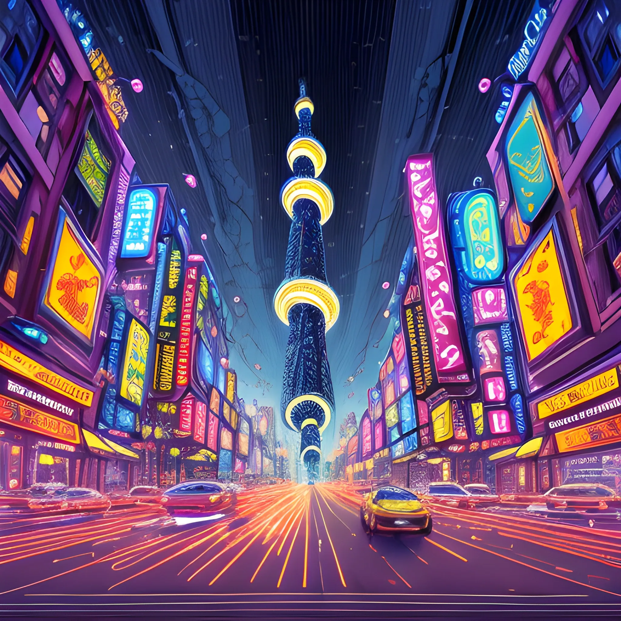 intricately detailed image of a scene of Twinkling Tower Lights in the sky with a swirling Electric circuit city street landscape, bold lines, optical illusion