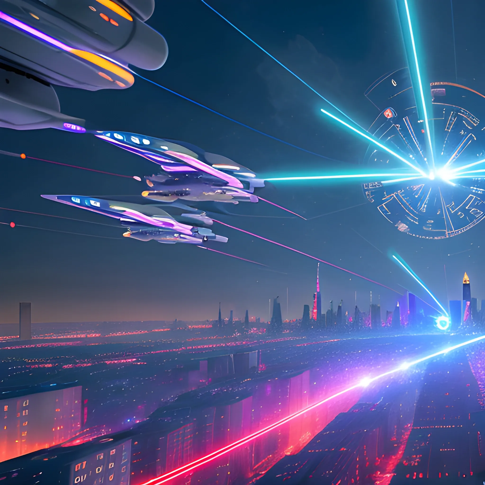 A swirling geometric city street image of a scene of Twinkling Tower Lights in the sky with laser cannons at each wing tip,engines located at wing root, pilot, robot,front left view, Flying in the cloud sky, backdrop:futuristic space city, buildings