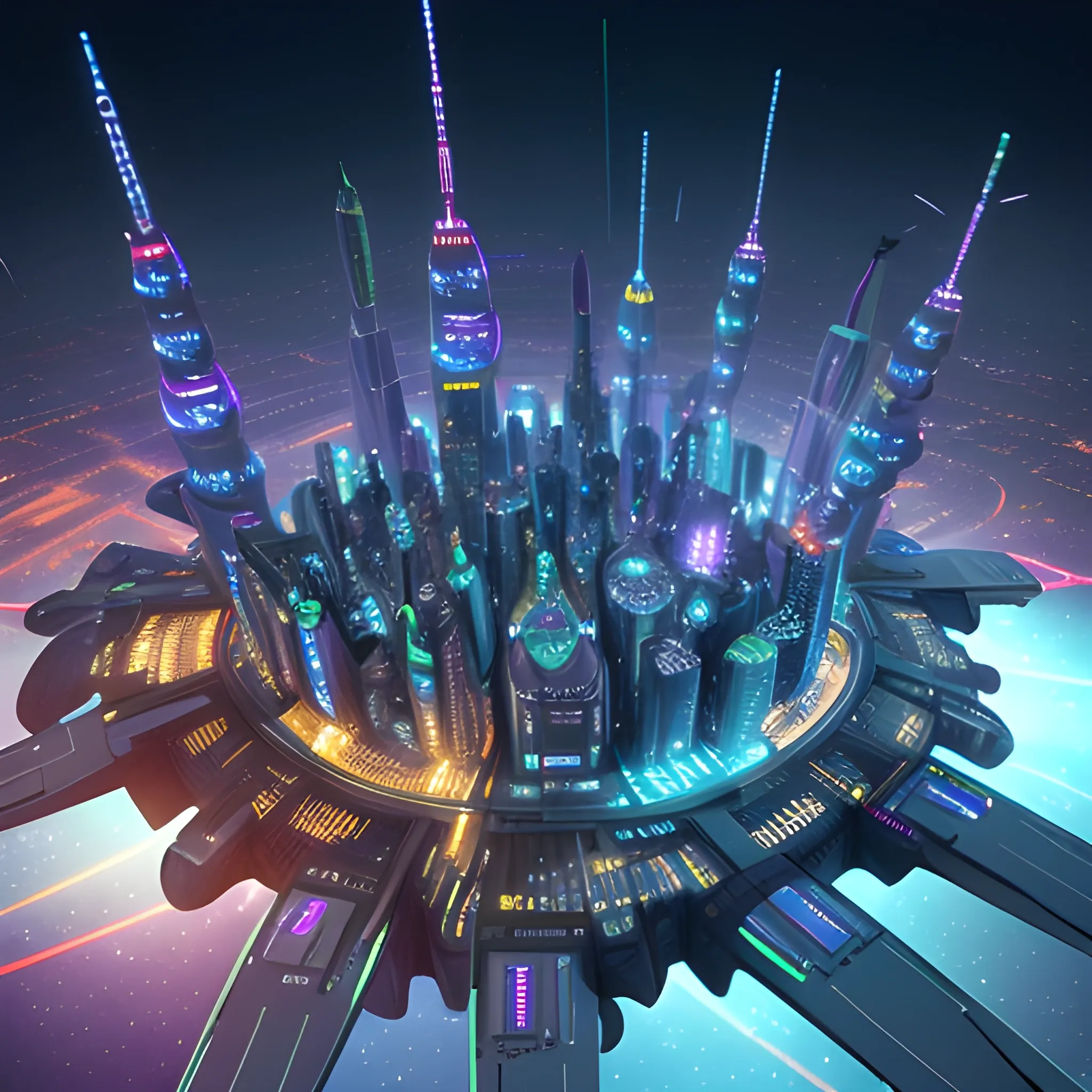 a swirling 3D maze city street landscape scene of Twinkling Tower Lights in the sky with laser cannons at each wing tip,engines located at wing root, pilot, robot,front left view, Flying in the cloud sky, backdrop:futuristic space city, buildings