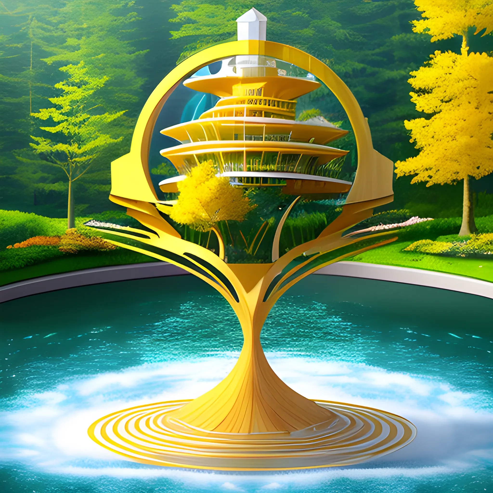 A swirling 3D space amusement park a swirling geometric Floating island in the sky with a small wooden house, a stream and a tall yellow ginkgo tree, bold lines, optical illusion